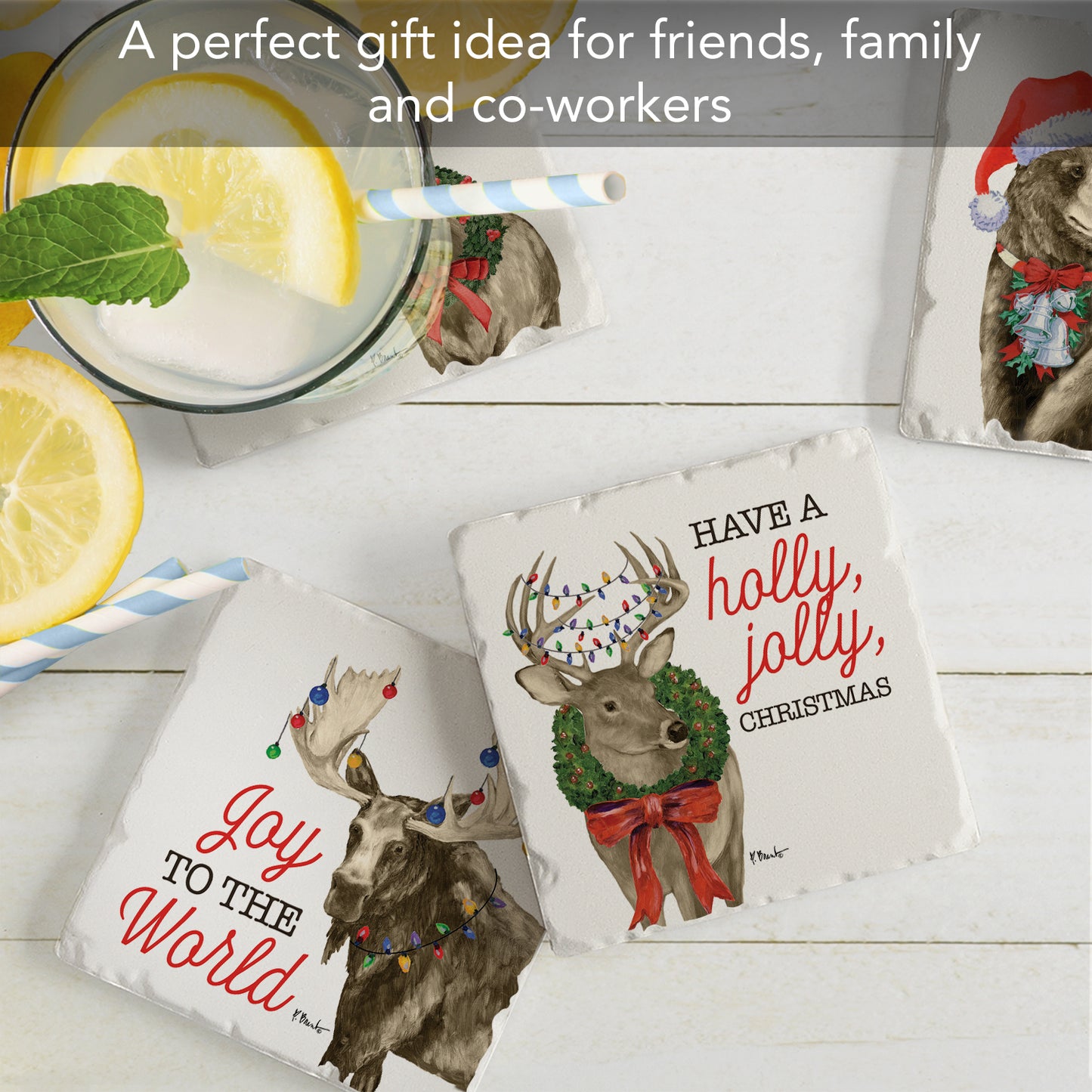 Thirstystone Merry Lodge Creatures 4 Pack Assorted Tumbled Tile Stone Coasters 4" Square