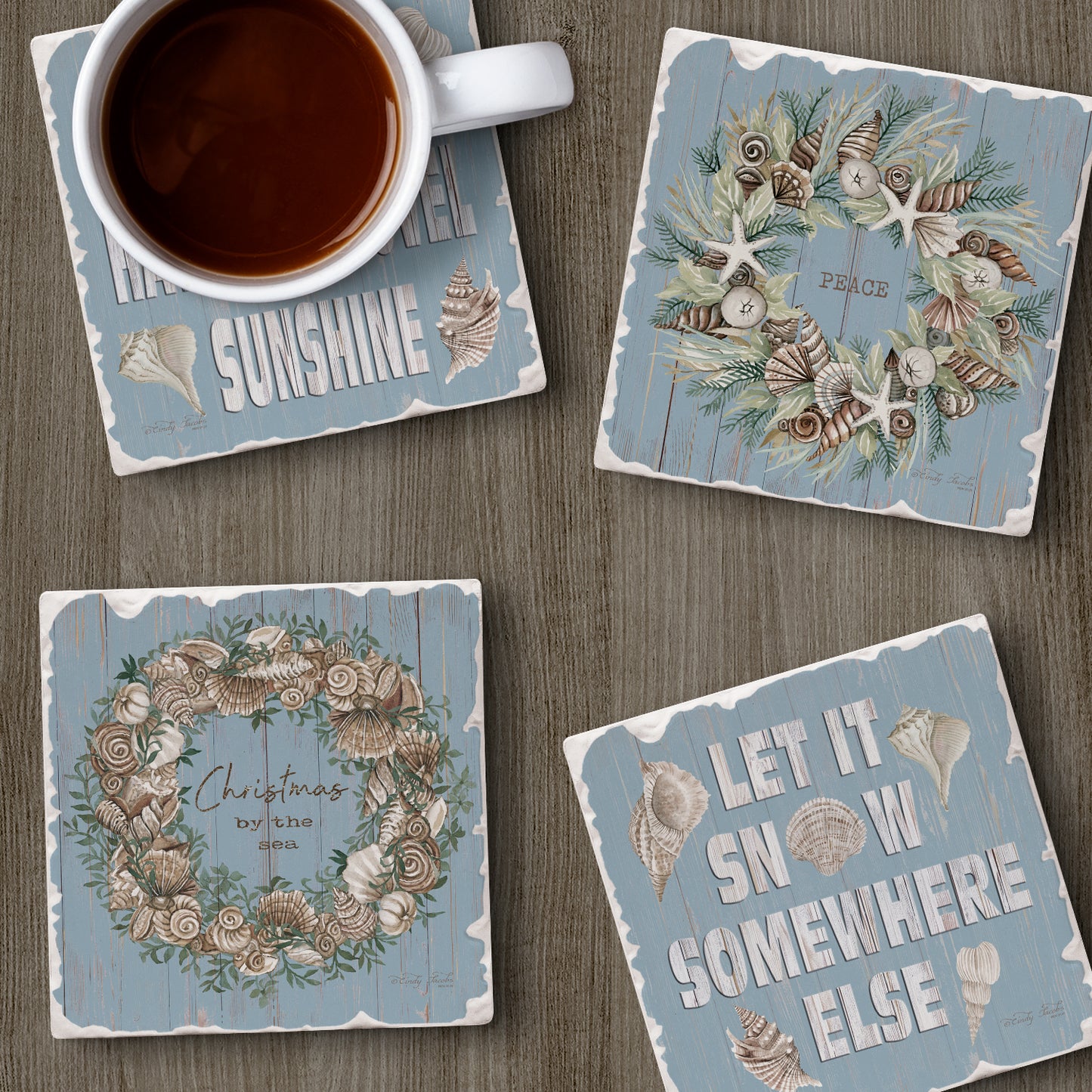 Thirstystone Let It Snow 4 Pack Assorted Tumbled Tile Stone Coasters 4" Square