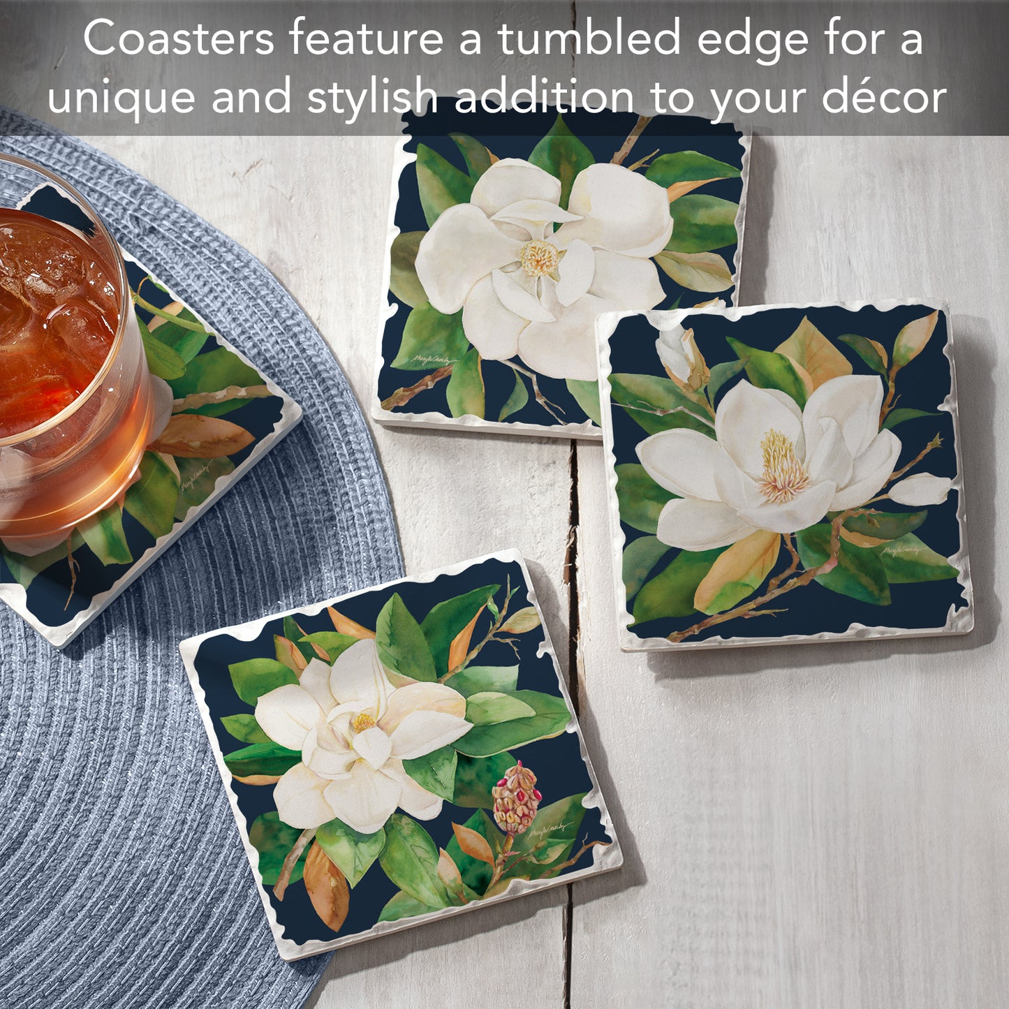 Thirstystone Magnolia Motifs 4 Pack Assorted Tumbled Tile Stone Coasters 4" Square