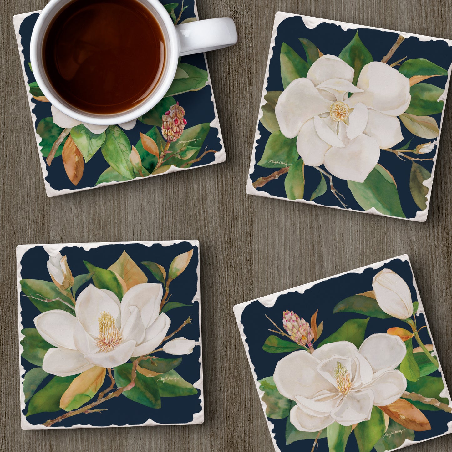 Thirstystone Magnolia Motifs 4 Pack Assorted Tumbled Tile Stone Coasters 4" Square