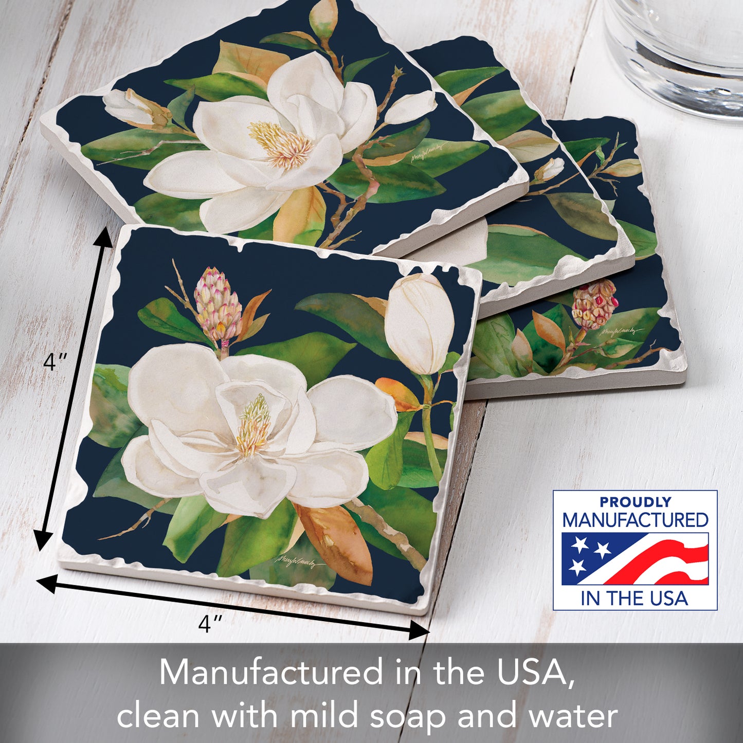 Thirstystone Magnolia Motifs 4 Pack Assorted Tumbled Tile Stone Coasters 4" Square