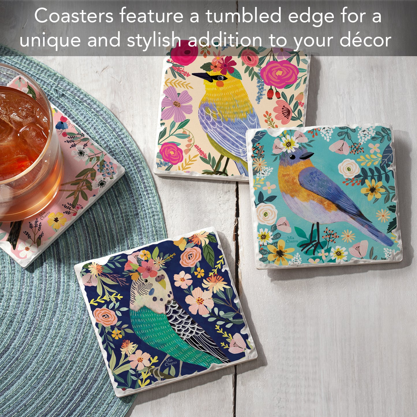 Thirstystone Floral Birds 4 Pack Assorted Tumbled Tile Stone Coasters 4" Square