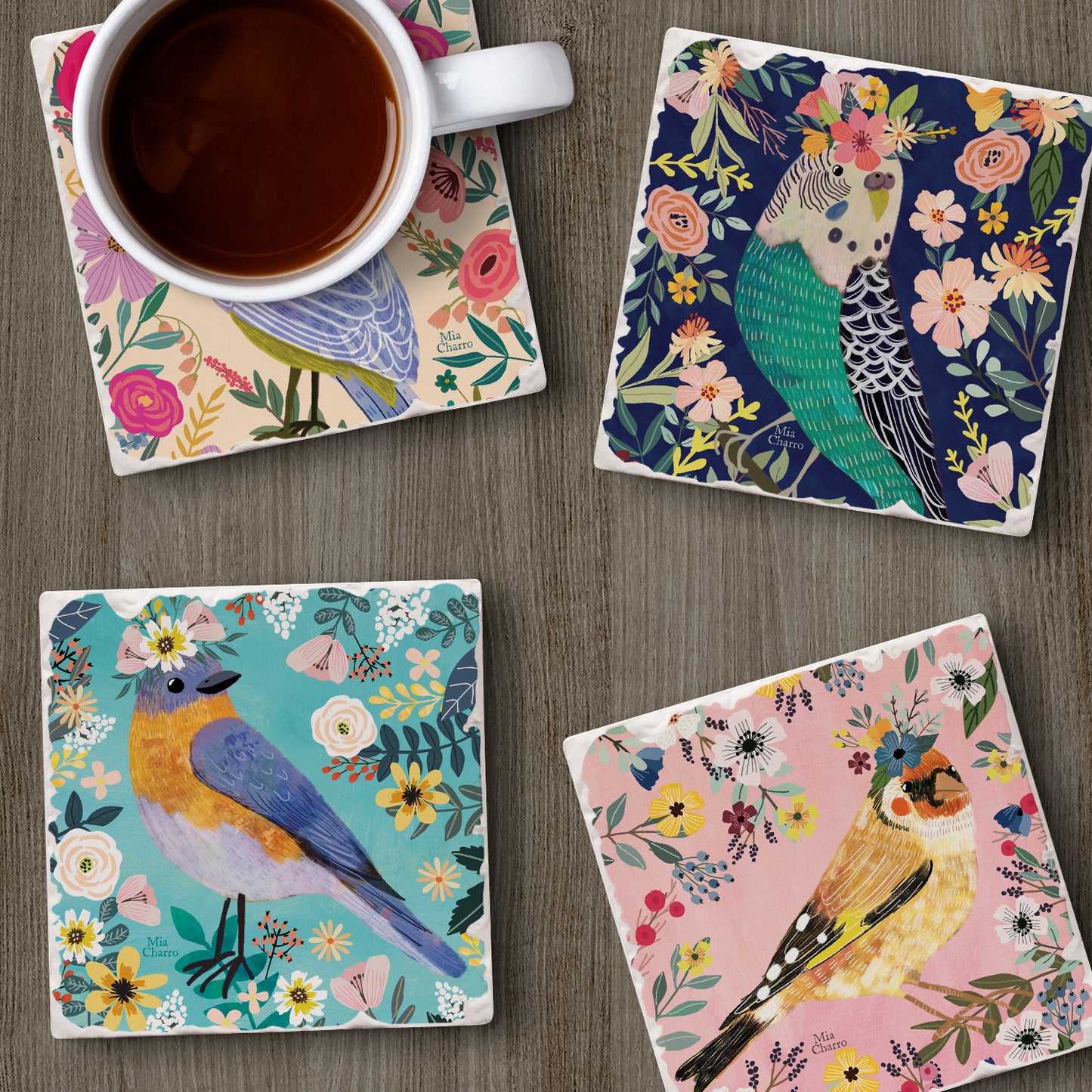 Thirstystone Floral Birds 4 Pack Assorted Tumbled Tile Stone Coasters 4" Square
