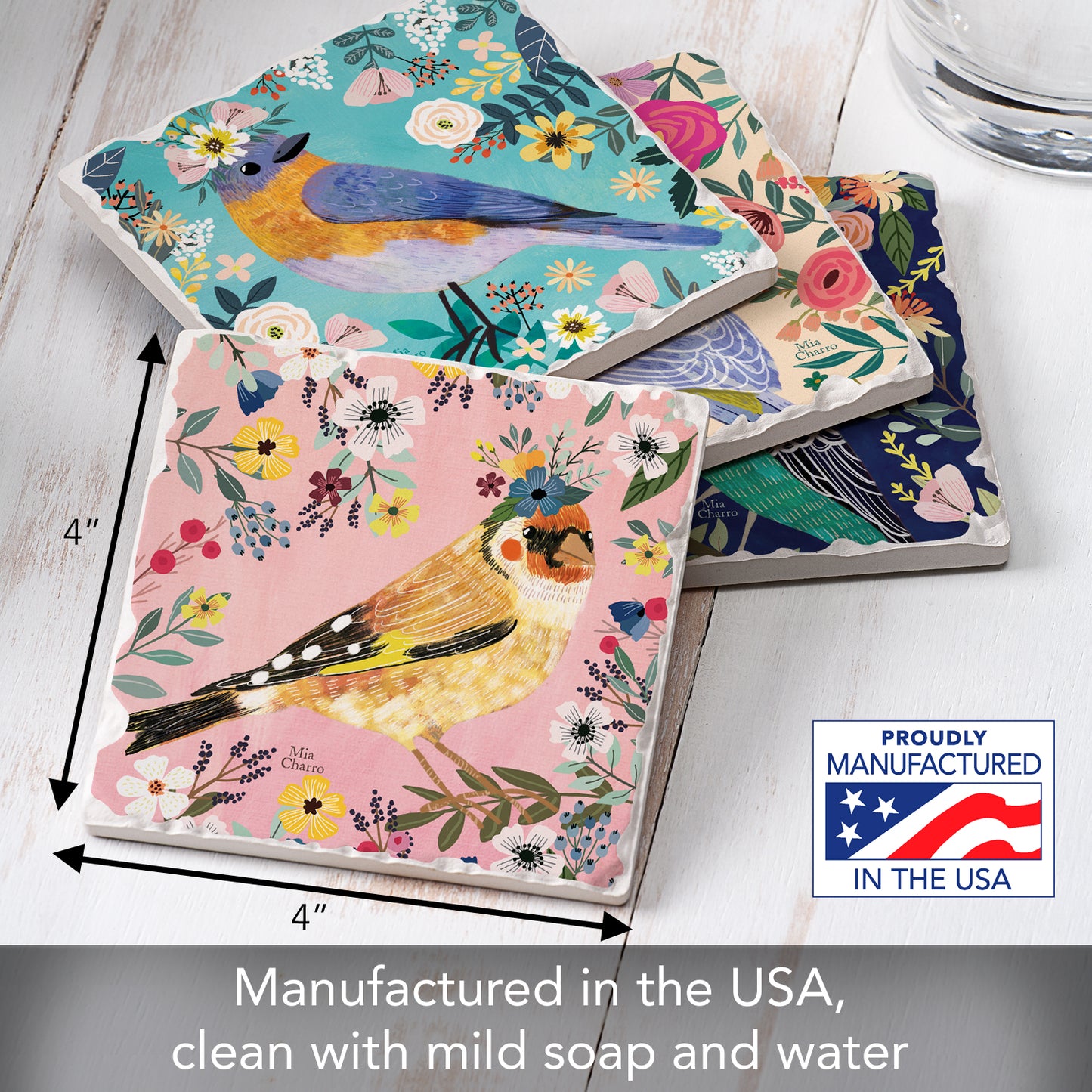 Thirstystone Floral Birds 4 Pack Assorted Tumbled Tile Stone Coasters 4" Square