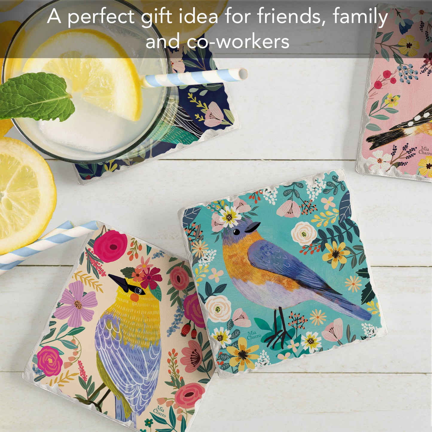 Thirstystone Floral Birds 4 Pack Assorted Tumbled Tile Stone Coasters 4" Square