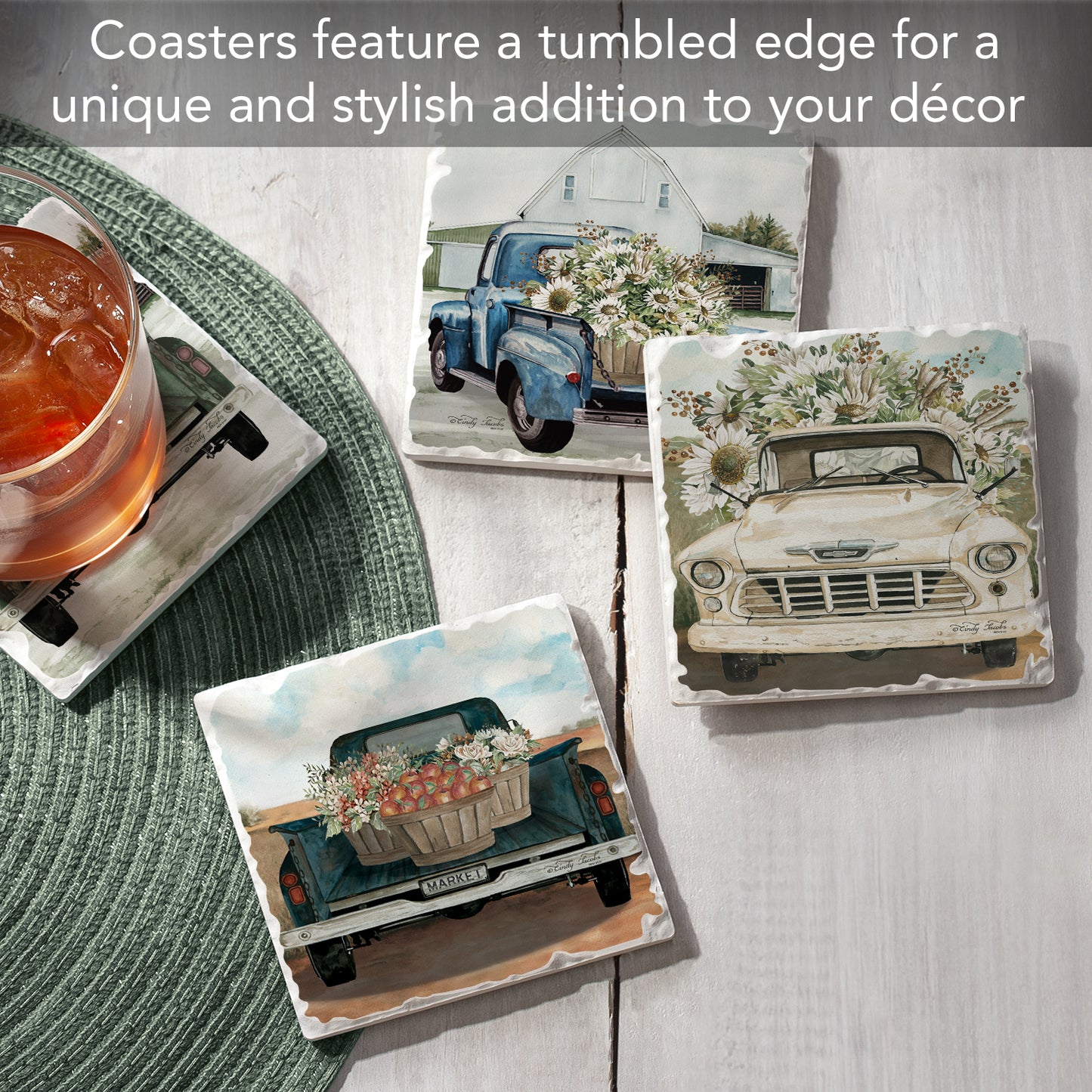 Thirstystone Flower Truck 4 Pack Assorted Tumbled Tile Stone Coasters 4" Square