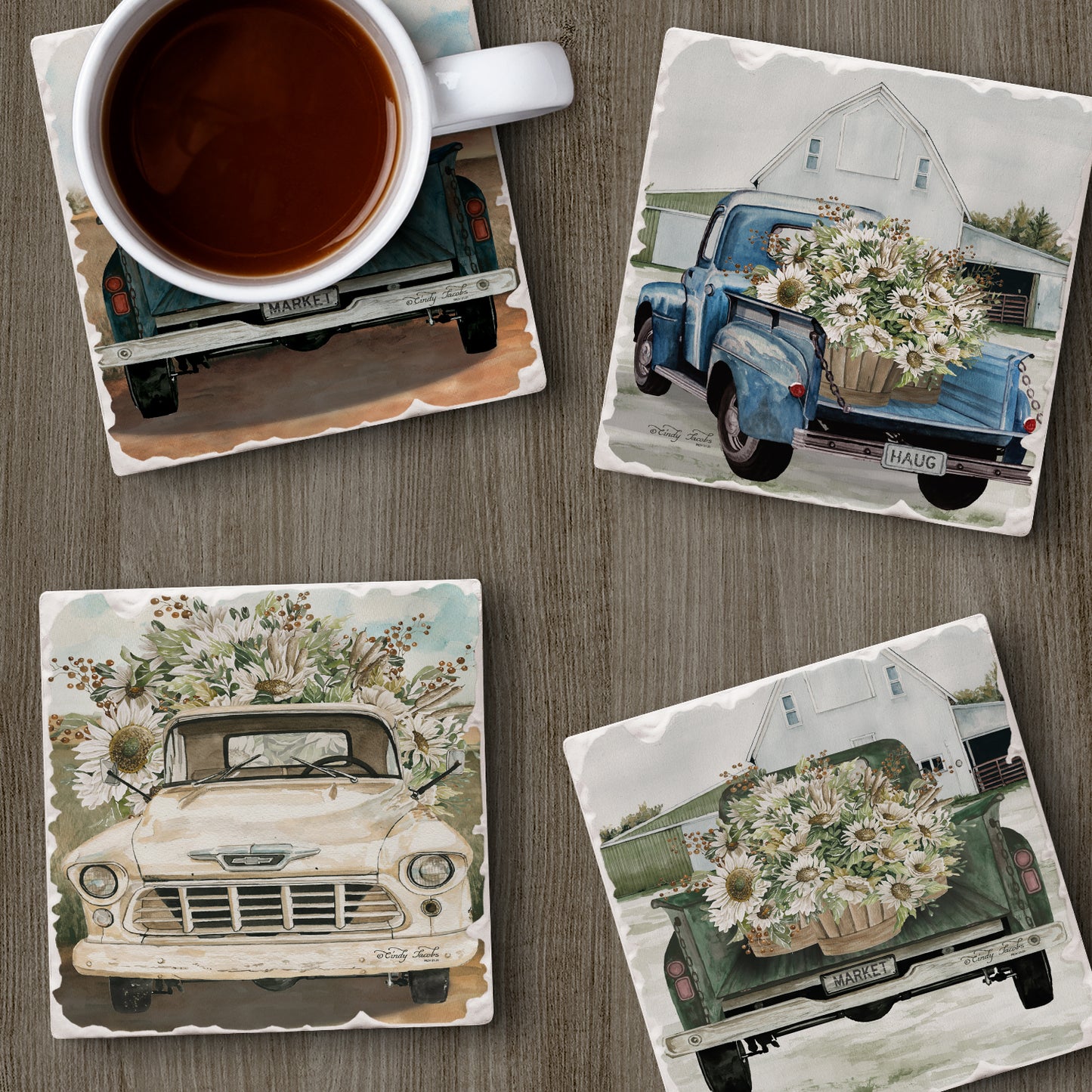 Thirstystone Flower Truck 4 Pack Assorted Tumbled Tile Stone Coasters 4" Square