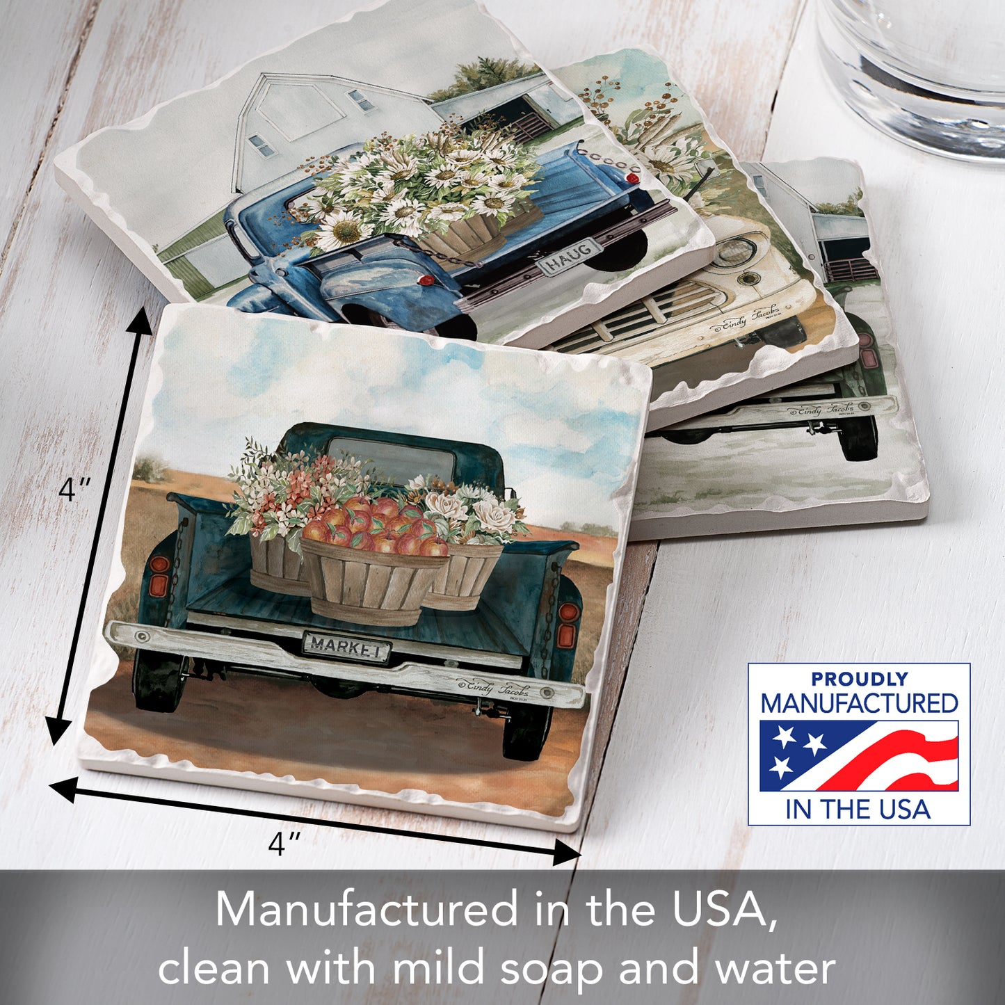 Thirstystone Flower Truck 4 Pack Assorted Tumbled Tile Stone Coasters 4" Square