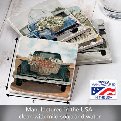 Thirstystone Flower Truck 4 Pack Assorted Tumbled Tile Stone Coasters 4" Square