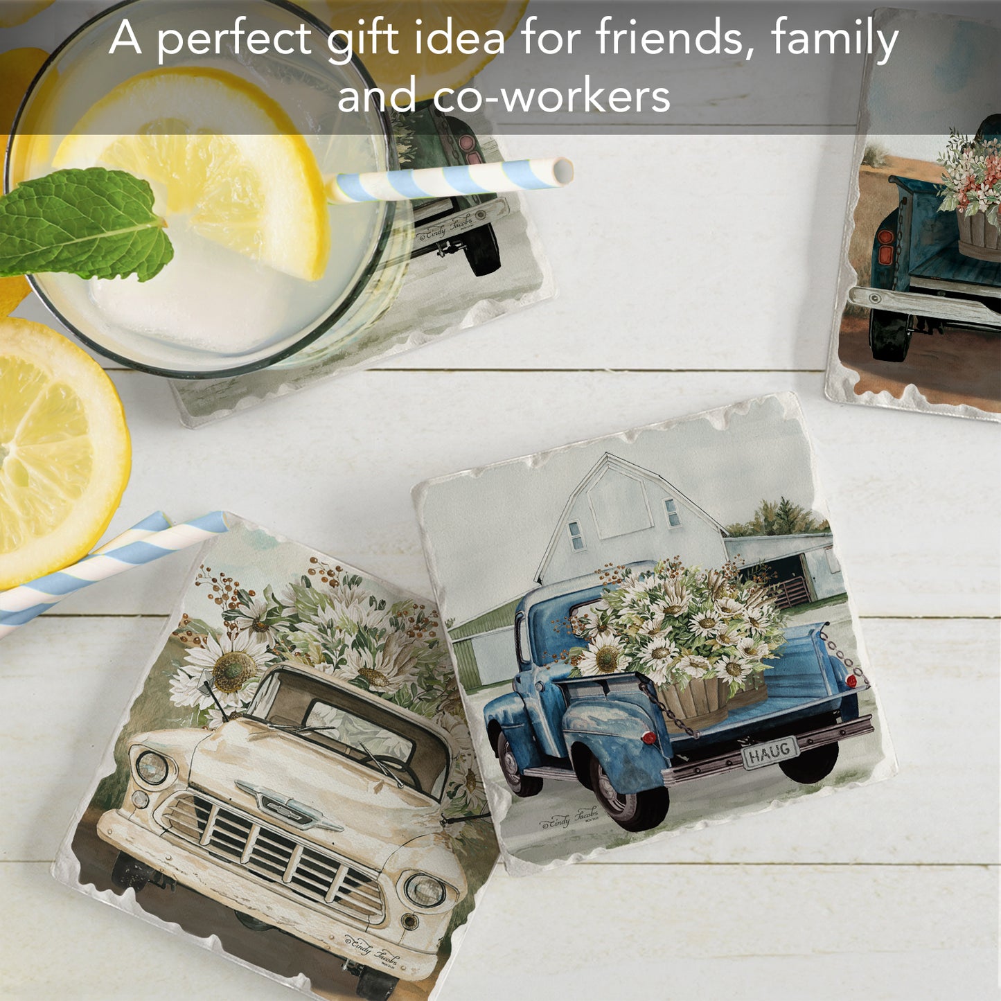 Thirstystone Flower Truck 4 Pack Assorted Tumbled Tile Stone Coasters 4" Square