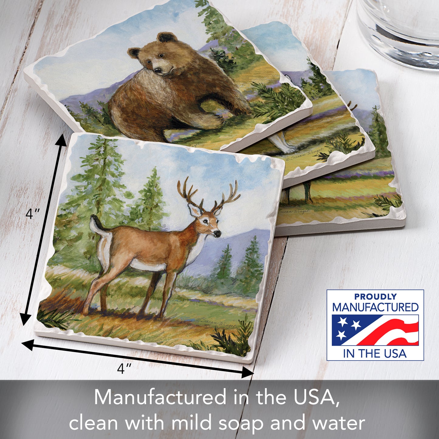 Thirstystone Mountain Lodge Animals 4-Pack Tumbled Tile Stone Coasters 4" Square