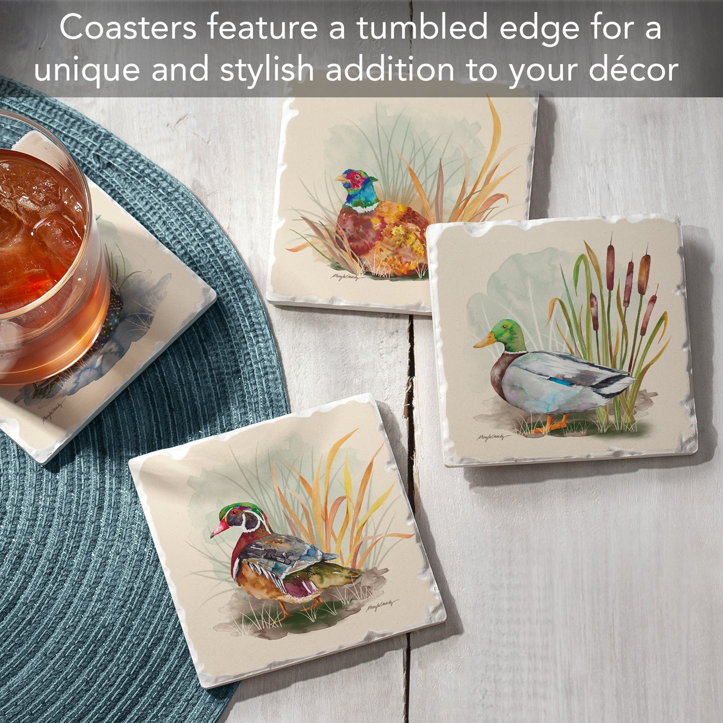 Thirstystone Water Fowl 4-Pack Tumbled Tile Stone Coasters 4" Square