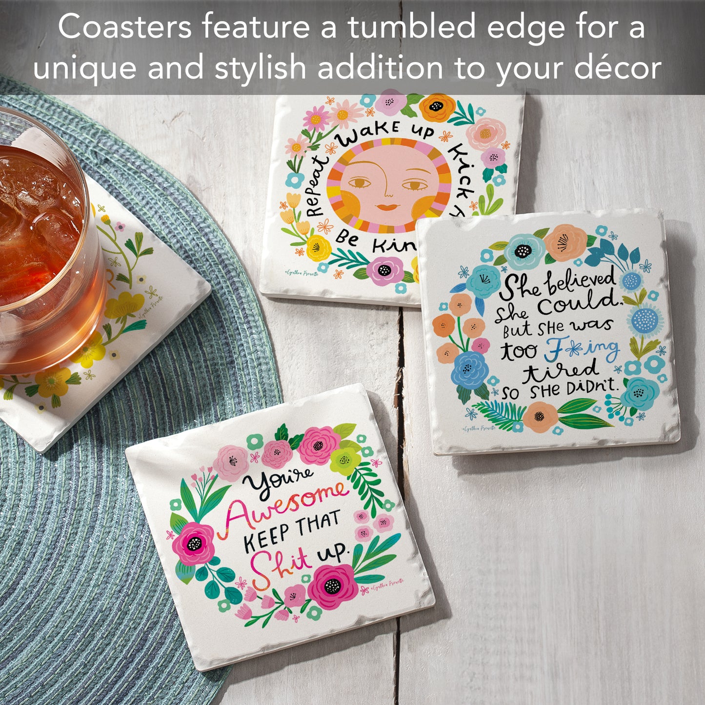 Thirstystone Garden of Sass 4-Pack Tumbled Tile Stone Coasters 4" Square