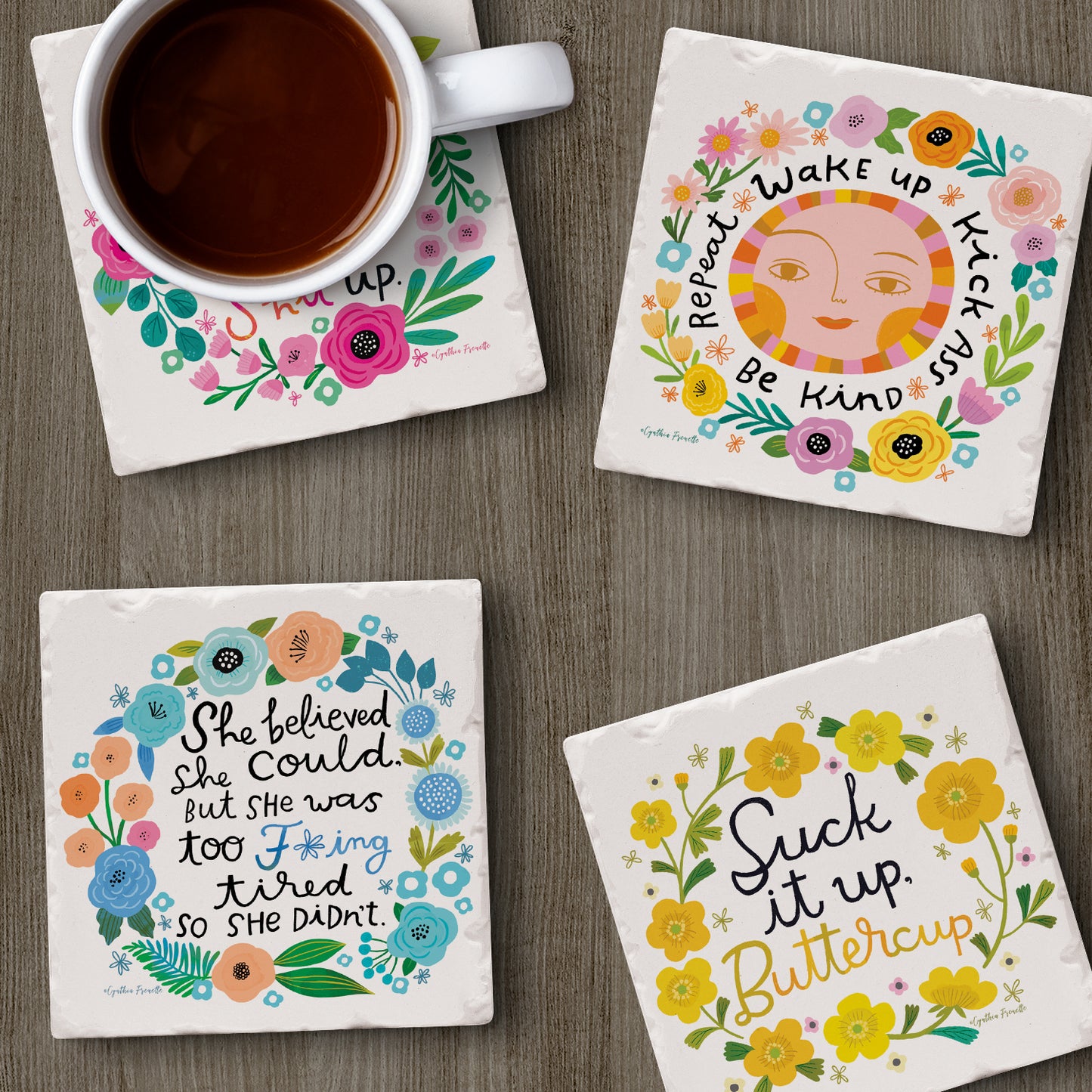 Thirstystone Garden of Sass 4-Pack Tumbled Tile Stone Coasters 4" Square