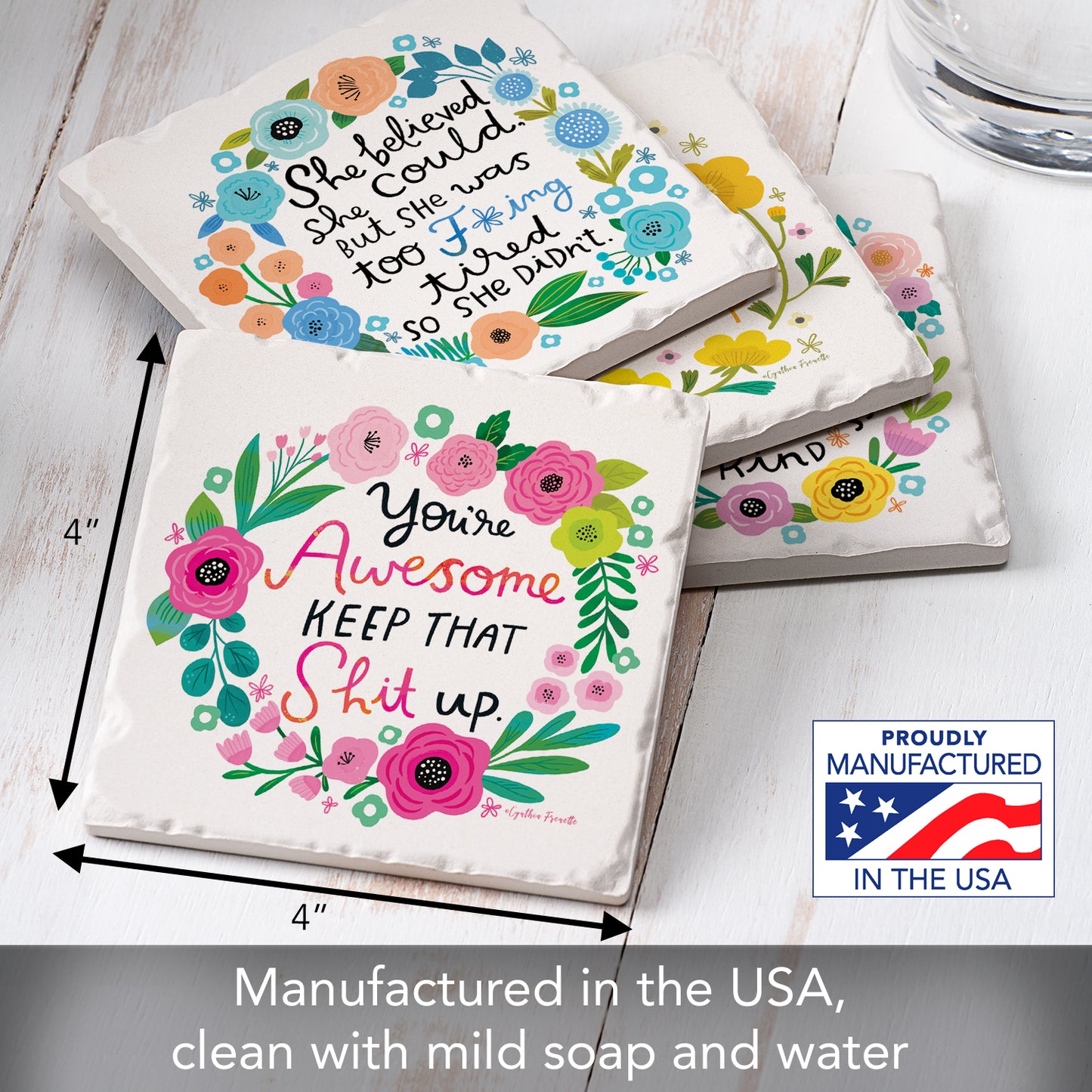 Thirstystone Garden of Sass 4-Pack Tumbled Tile Stone Coasters 4" Square