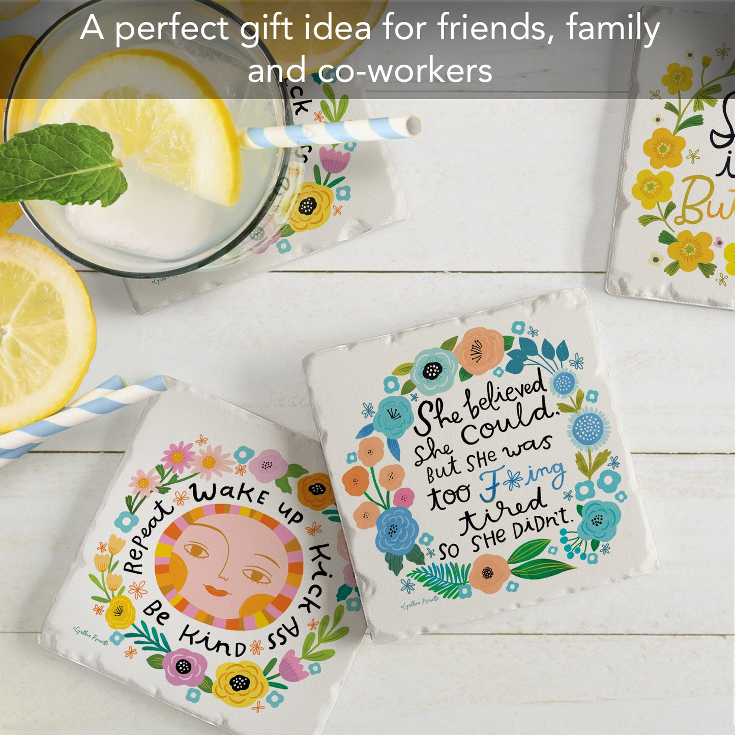 Thirstystone Garden of Sass 4-Pack Tumbled Tile Stone Coasters 4" Square