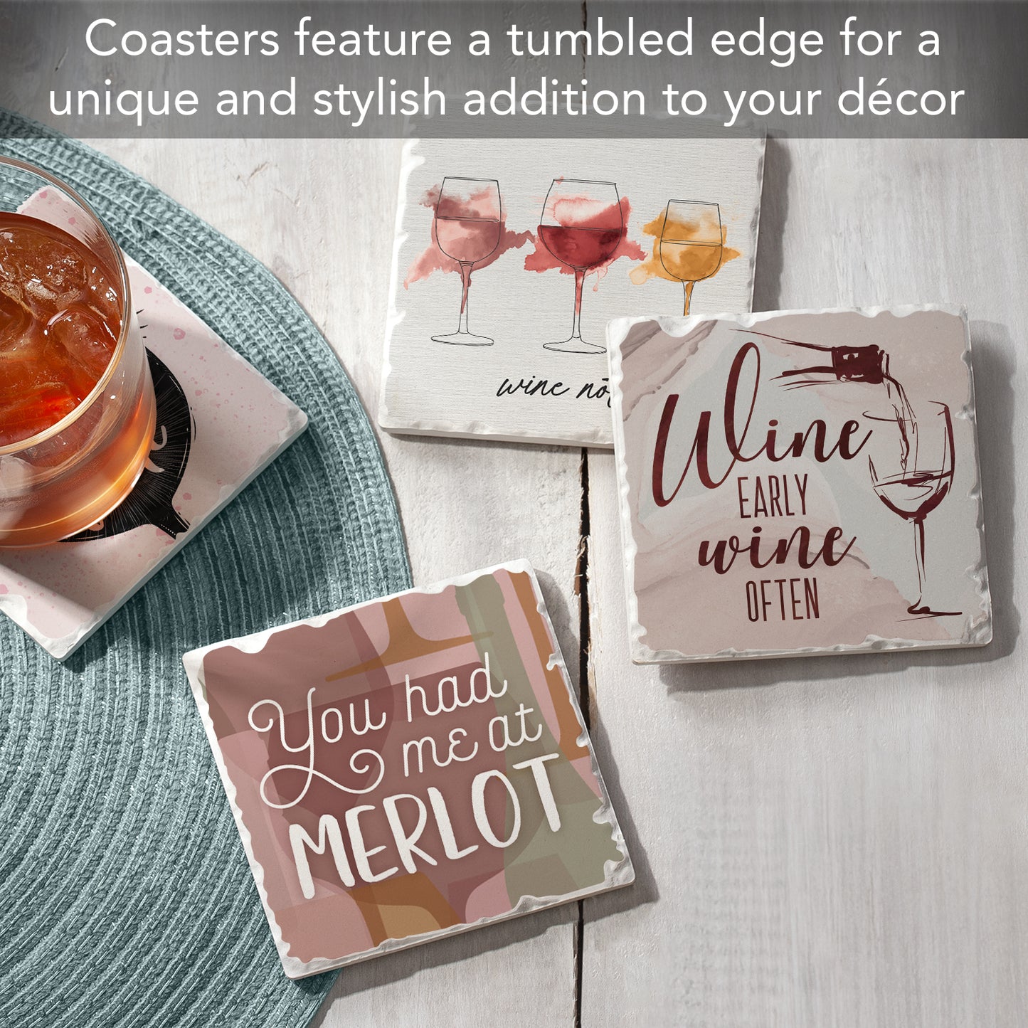 Thirstystone Wine Quotes 4-Pack Tumbled Tile Stone Coasters 4" Square
