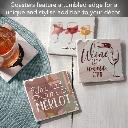 Thirstystone Wine Quotes 4-Pack Tumbled Tile Stone Coasters 4" Square