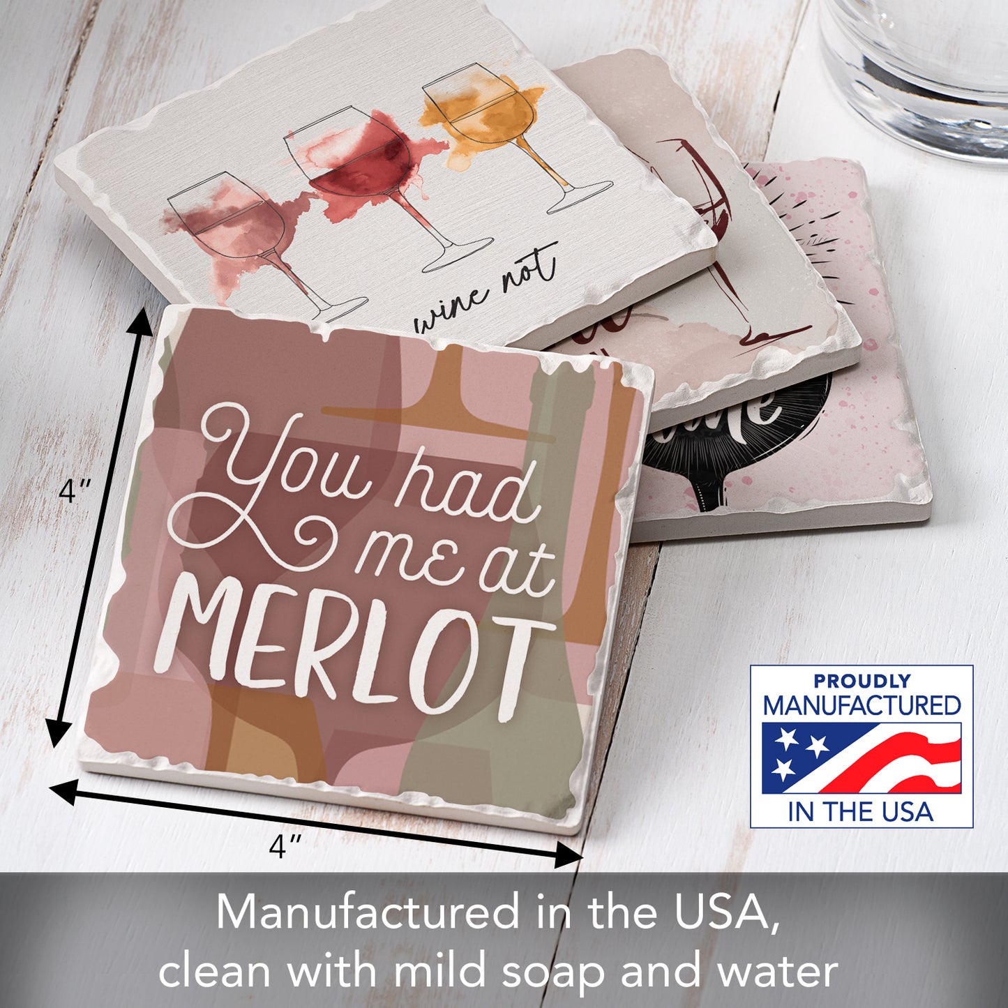Thirstystone Wine Quotes 4-Pack Tumbled Tile Stone Coasters 4" Square