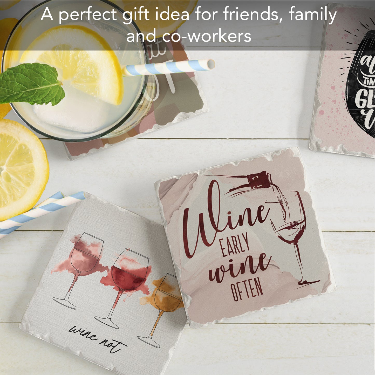 Thirstystone Wine Quotes 4-Pack Tumbled Tile Stone Coasters 4" Square