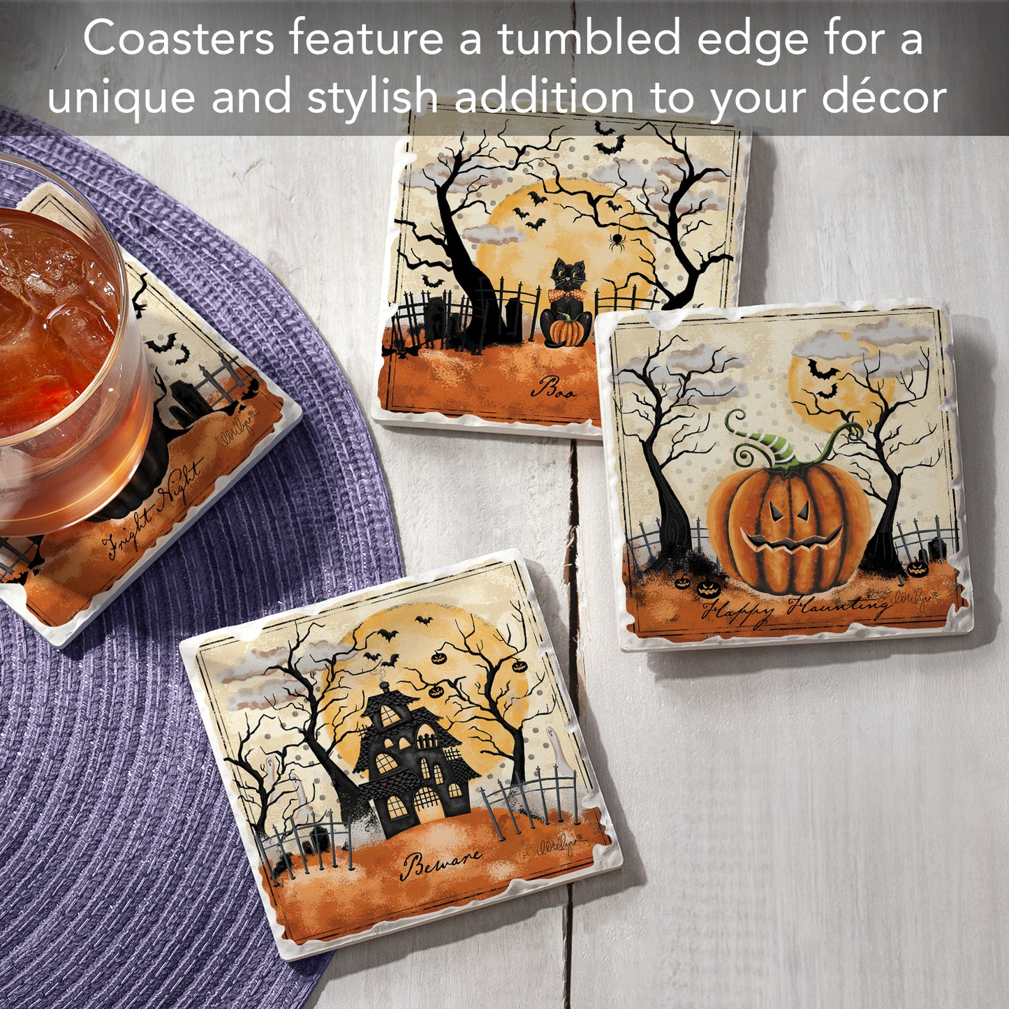 Thirstystone Haunted Valley 4 Pack Assorted Tumbled Tile Stone Coasters 4" Square