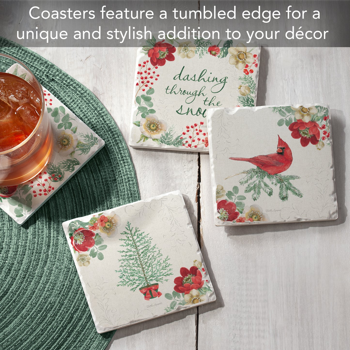 Thirstystone Holiday Traditions 4 Pack Assorted Tumbled Tile Stone Coasters 4" Square