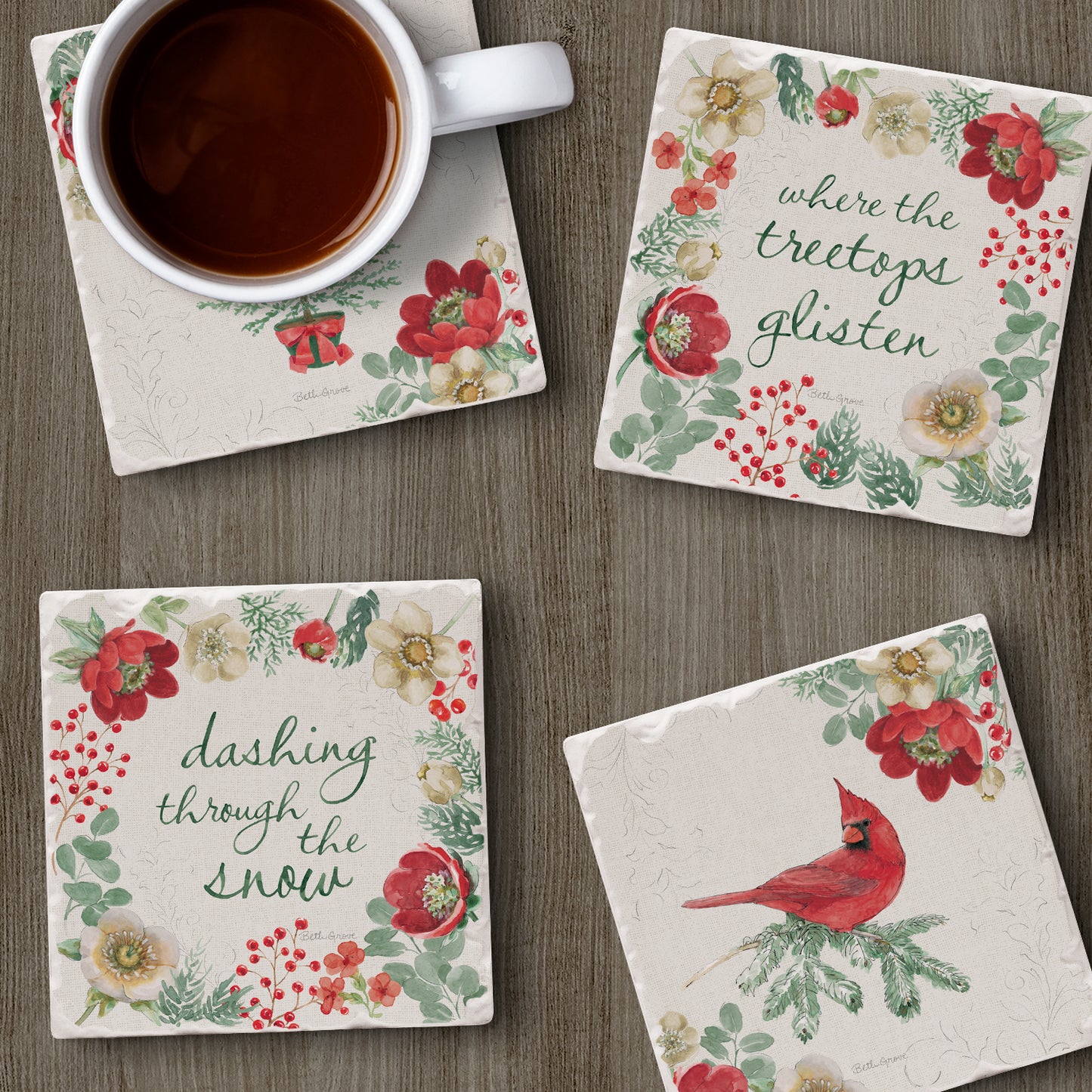Thirstystone Holiday Traditions 4 Pack Assorted Tumbled Tile Stone Coasters 4" Square