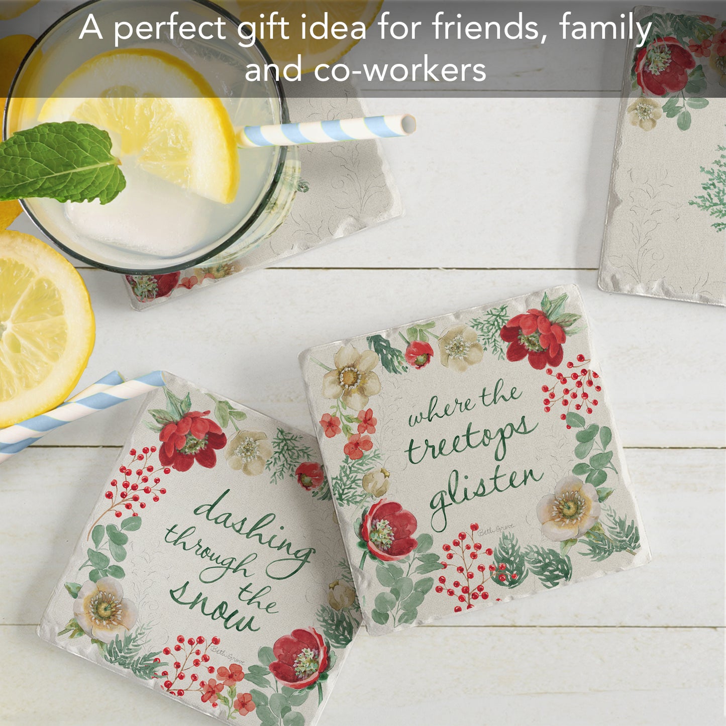 Thirstystone Holiday Traditions 4 Pack Assorted Tumbled Tile Stone Coasters 4" Square