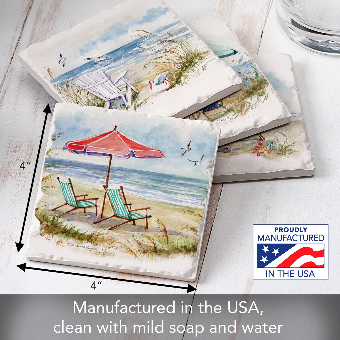 Thirstystone Coastal Moments 4 Pack Assorted Tumbled Tile Stone Coasters 4" Square