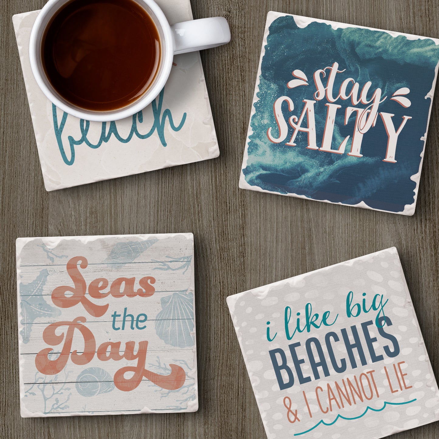 Thirstystone Big Beaches 4 Pack Assorted Tumbled Tile Stone Coasters 4" Square