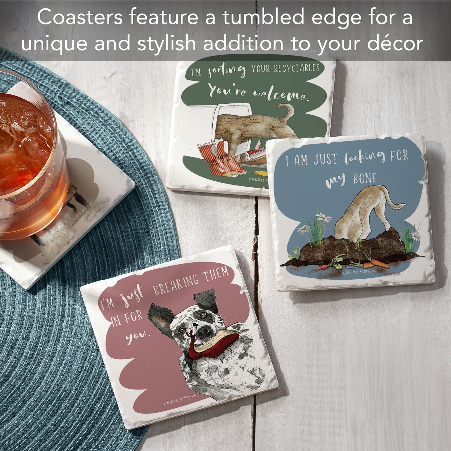Thirstystone Naughty Dogs 4-Pack Tumbled Tile Stone Coasters 4" Square