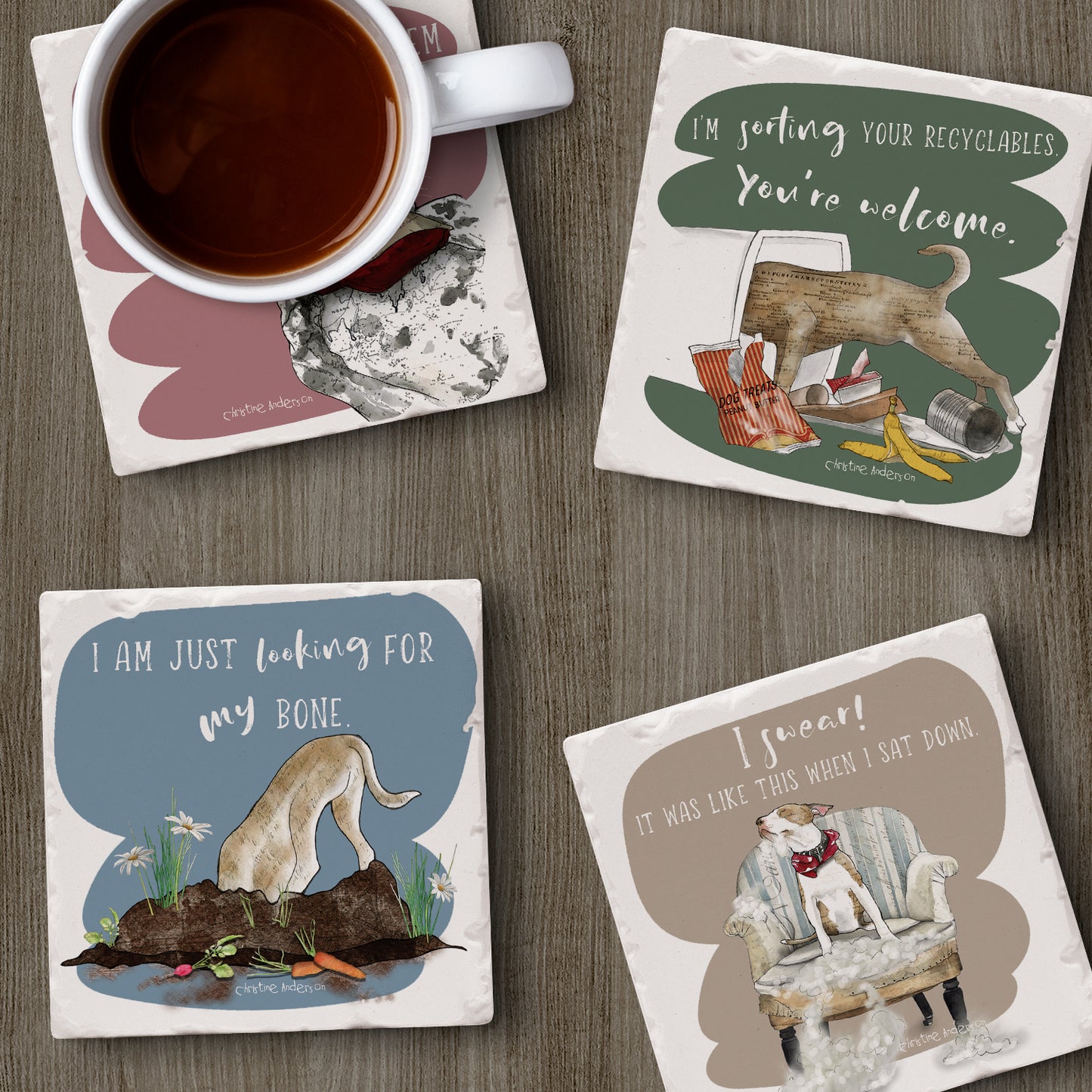 Thirstystone Naughty Dogs 4-Pack Tumbled Tile Stone Coasters 4" Square