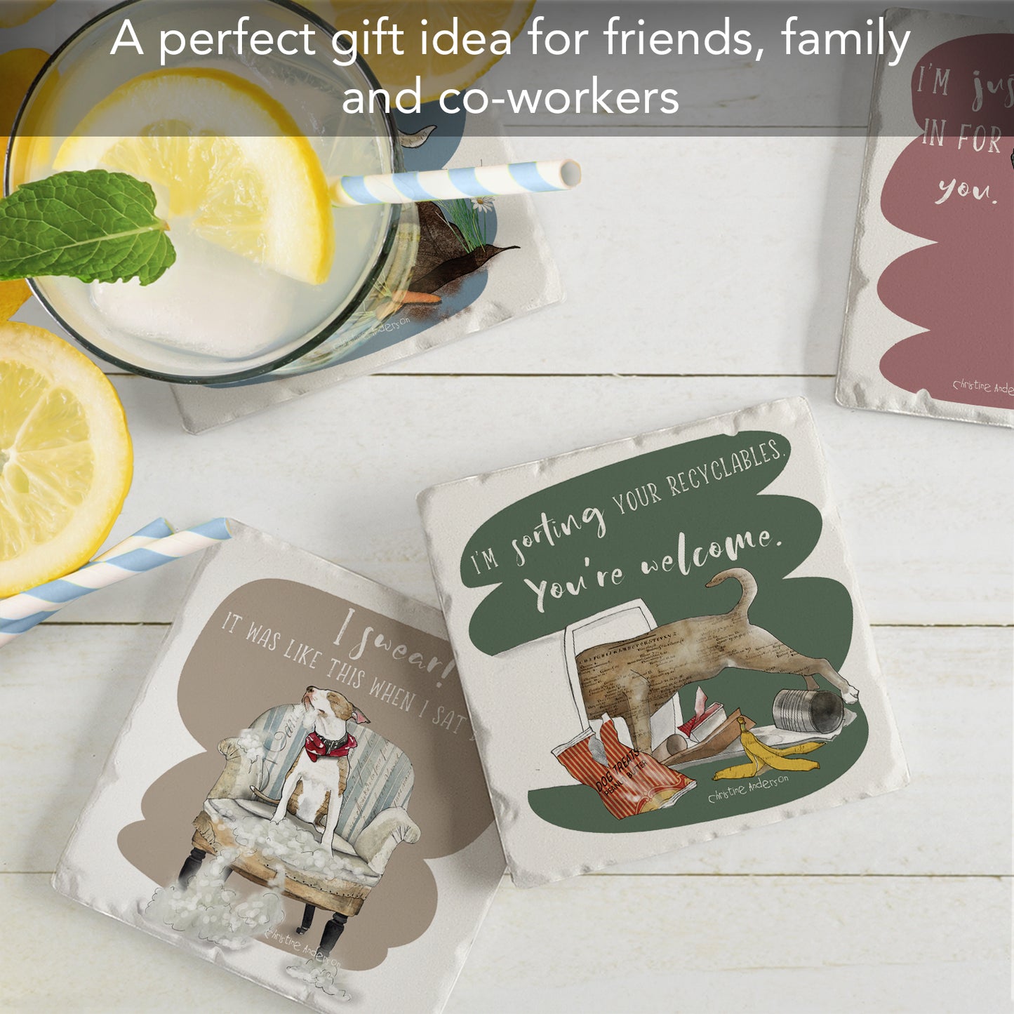 Thirstystone Naughty Dogs 4-Pack Tumbled Tile Stone Coasters 4" Square