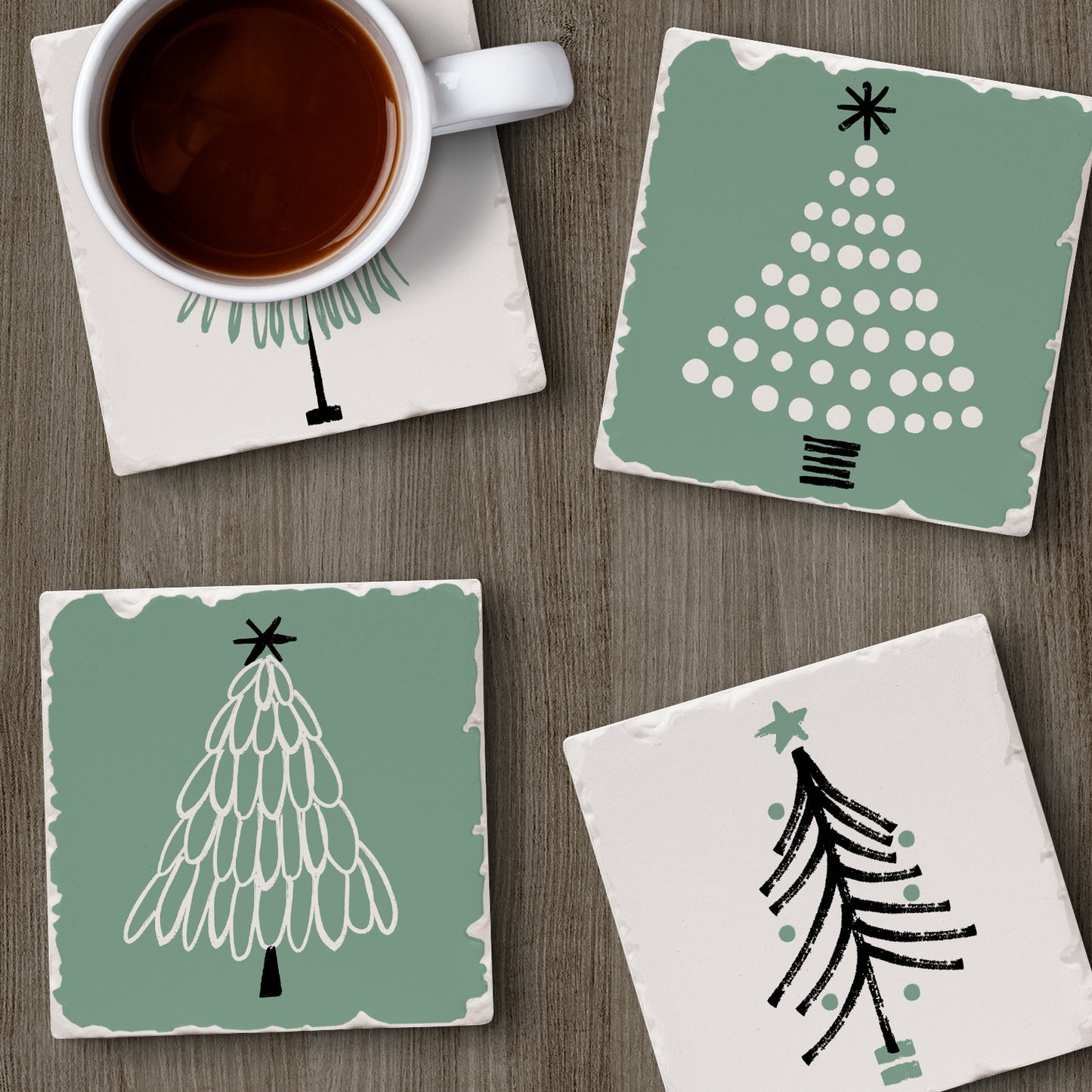 Thirstystone Scandinavian Tree 4 Pack Assorted Tumbled Tile Stone Coasters 4" Square