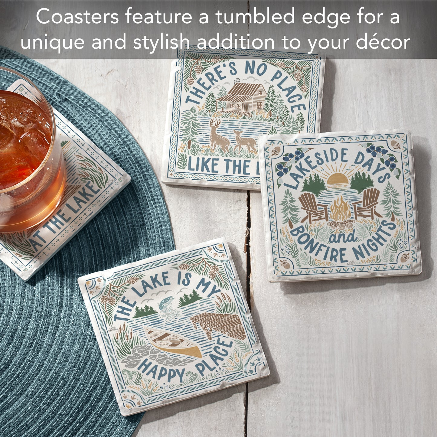 Thirstystone Lakeside Thoughts 4-Pack Stone Tumbled Tile Stone Coasters 4" Square