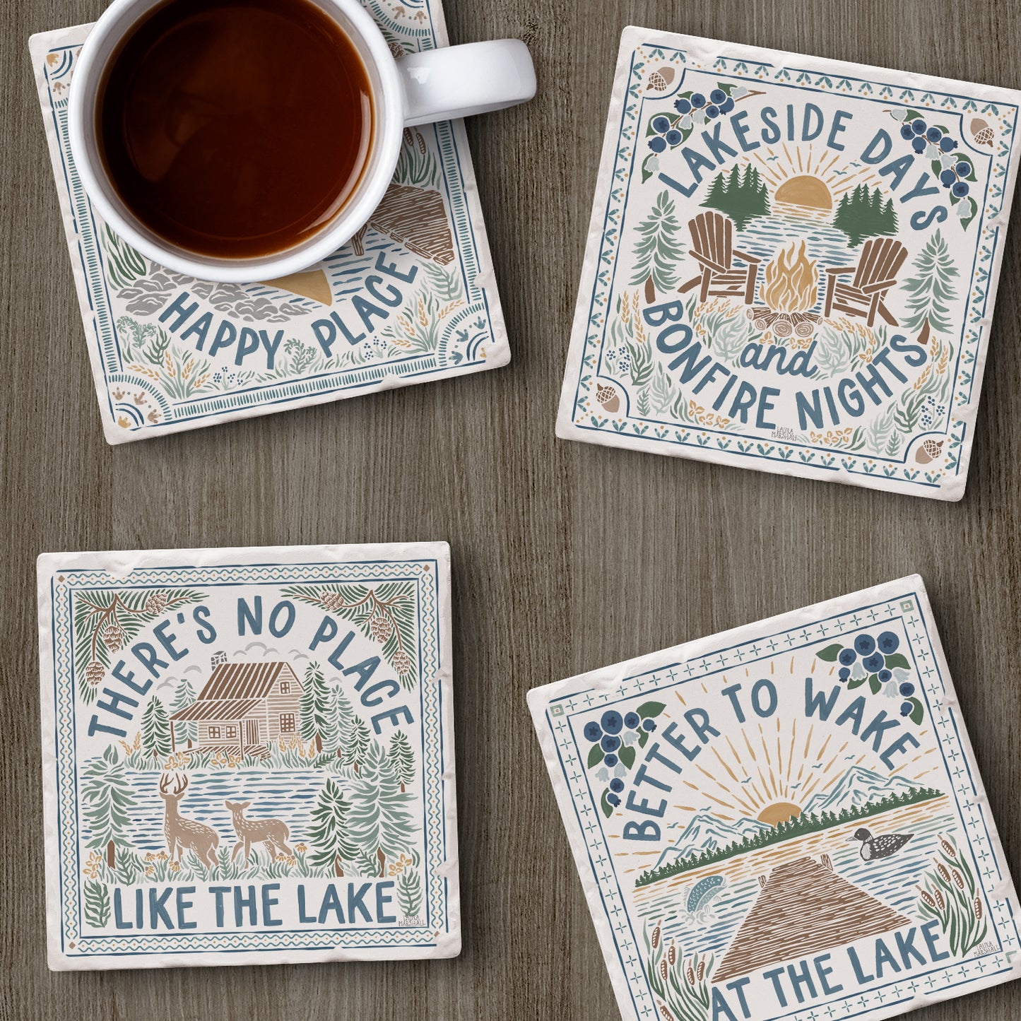 Thirstystone Lakeside Thoughts 4-Pack Stone Tumbled Tile Stone Coasters 4" Square