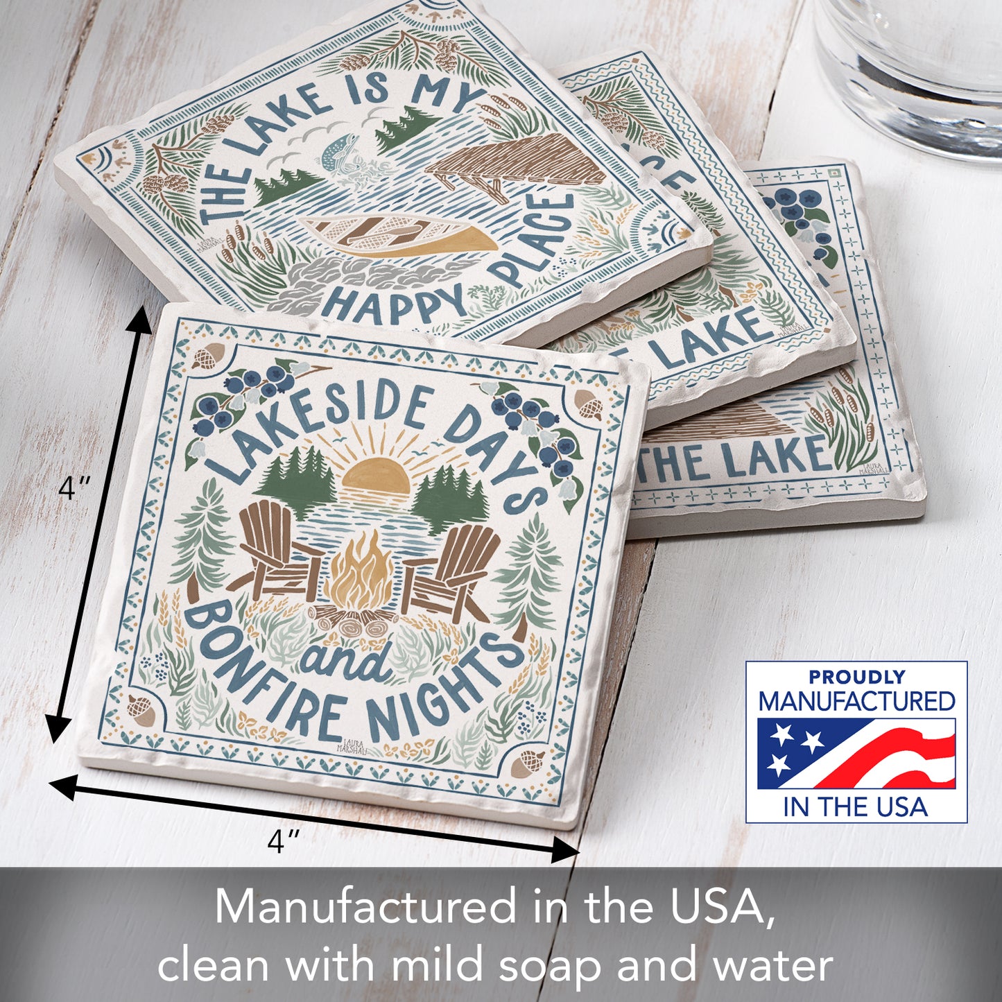 Thirstystone Lakeside Thoughts 4-Pack Stone Tumbled Tile Stone Coasters 4" Square