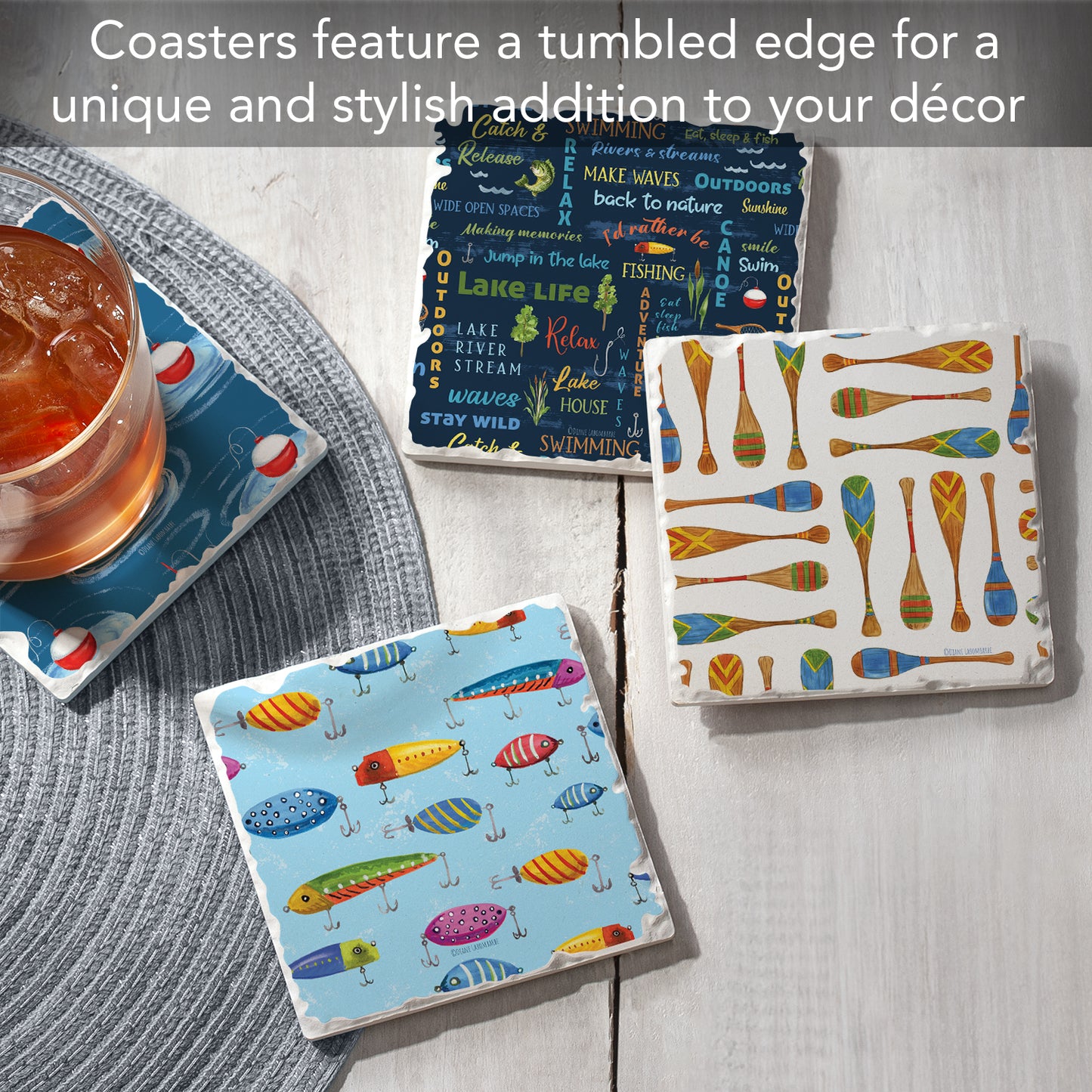 Thirstystone Lake Living 4-Pack Assorted Tumbled Tile Stone Coasters 4" Square