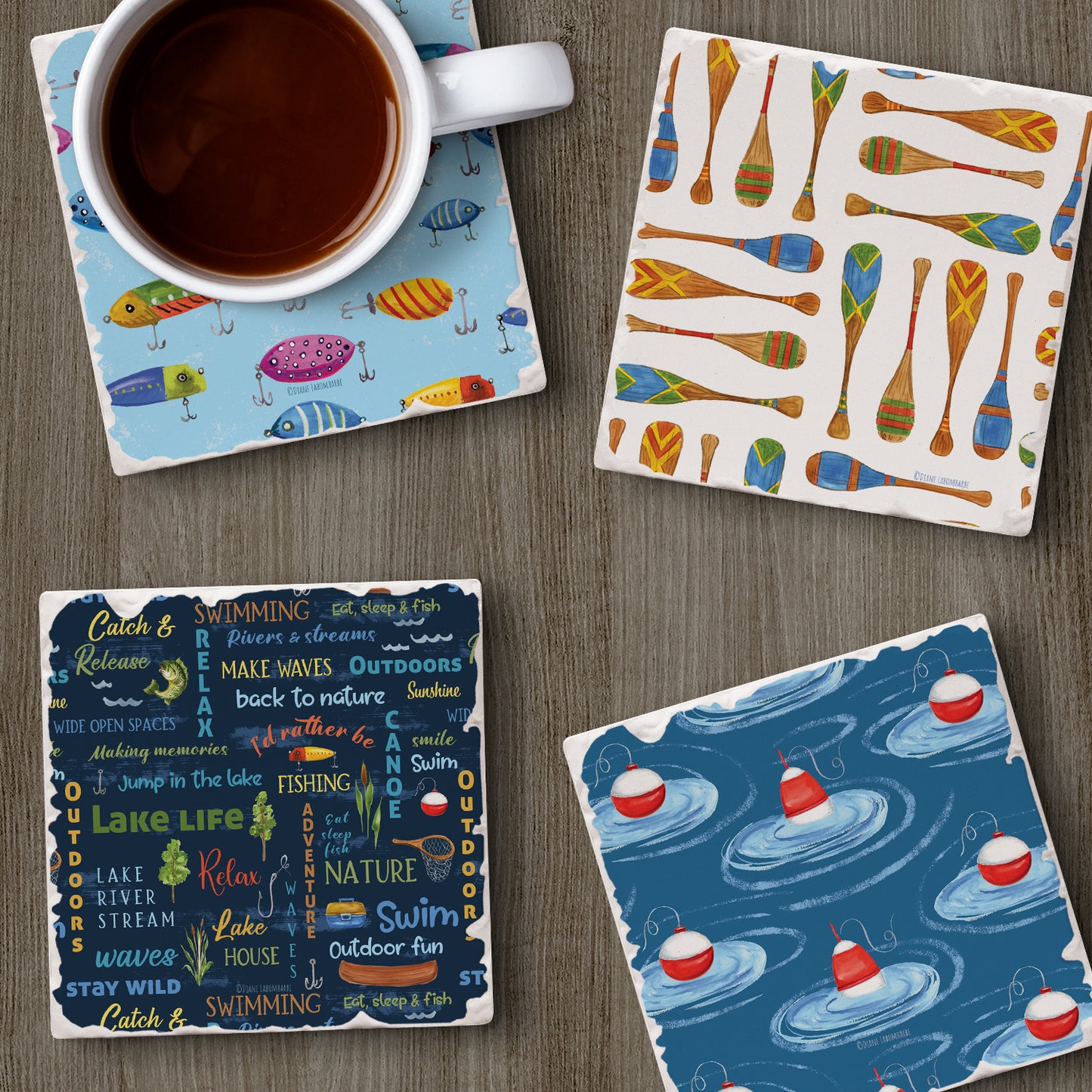 Thirstystone Lake Living 4-Pack Assorted Tumbled Tile Stone Coasters 4" Square