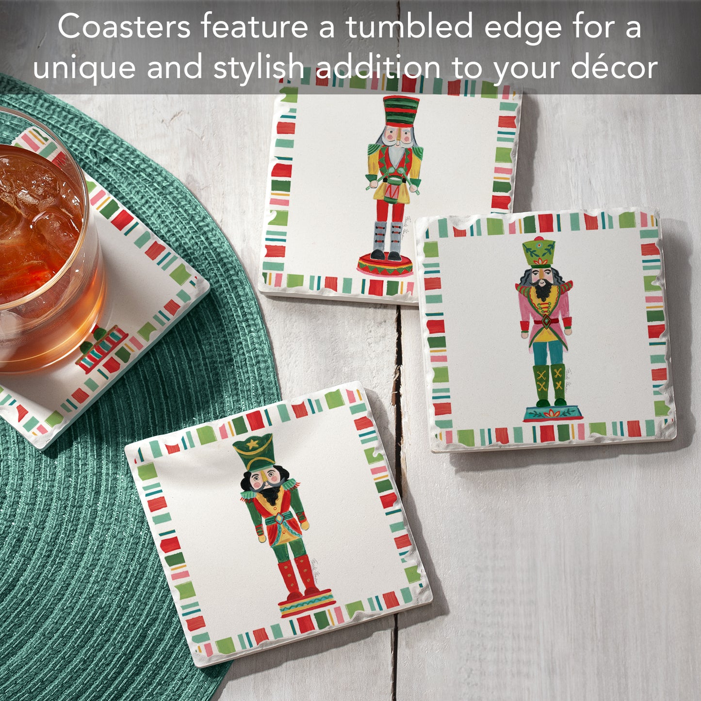 Thirstystone Holiday Nutcrackers 4 Pack Assorted Tumbled Tile Stone Coasters 4" Square