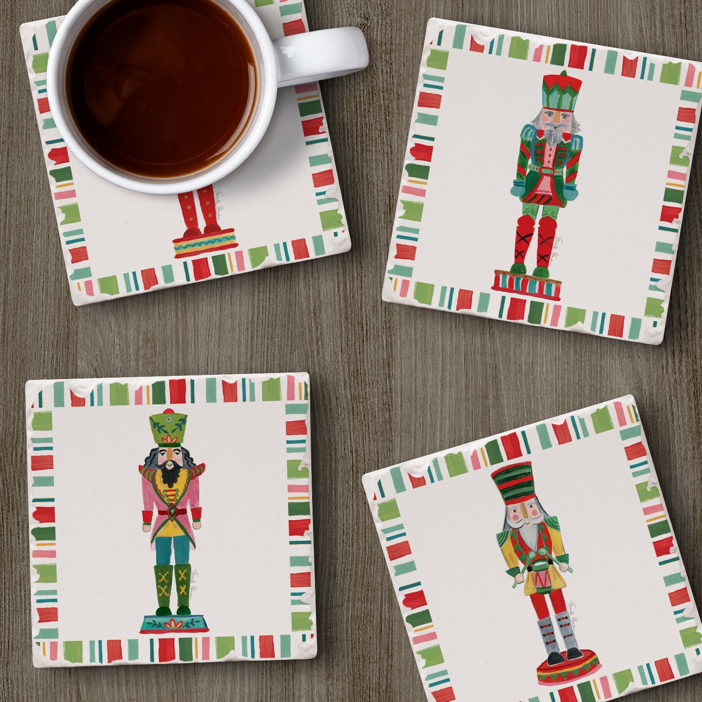 Thirstystone Holiday Nutcrackers 4 Pack Assorted Tumbled Tile Stone Coasters 4" Square