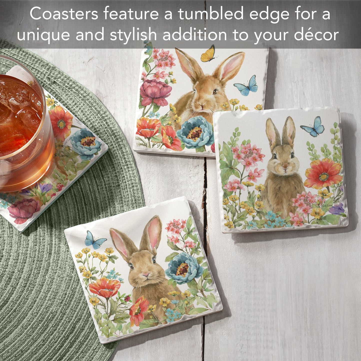 Thirstystone Garden Bunnies 4 Pack Assorted Tumbled Tile Stone Coasters 4" Square