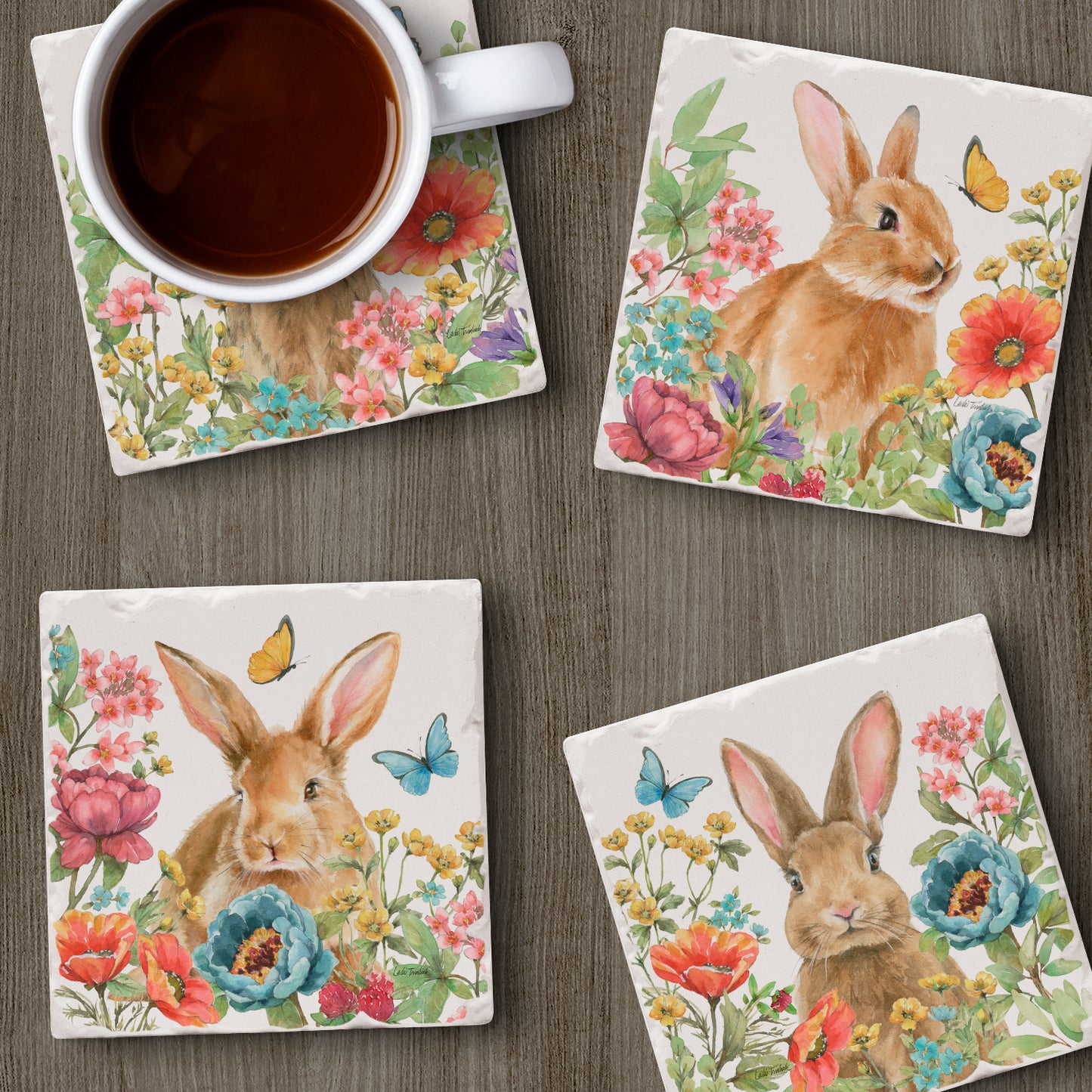 Thirstystone Garden Bunnies 4 Pack Assorted Tumbled Tile Stone Coasters 4" Square