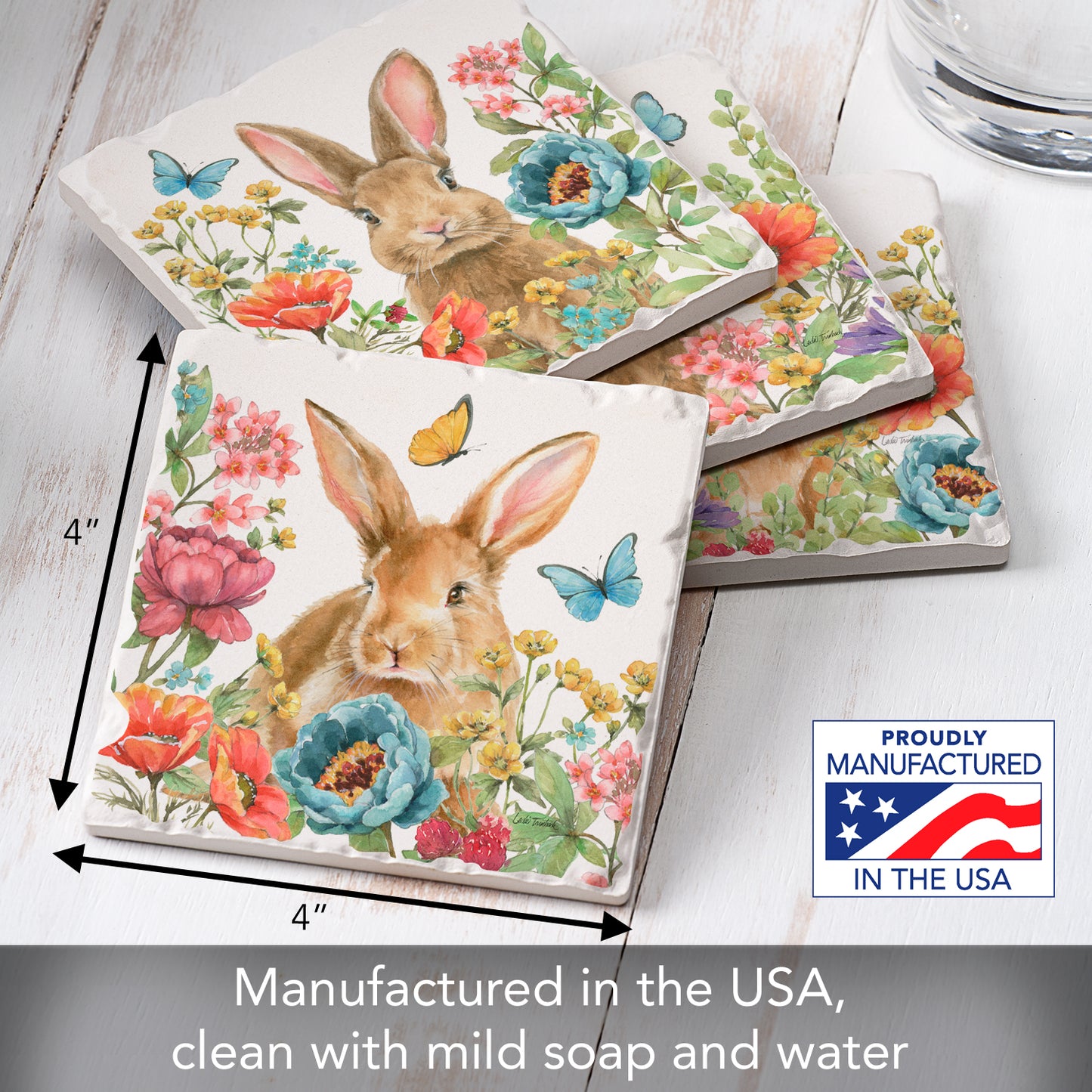 Thirstystone Garden Bunnies 4 Pack Assorted Tumbled Tile Stone Coasters 4" Square