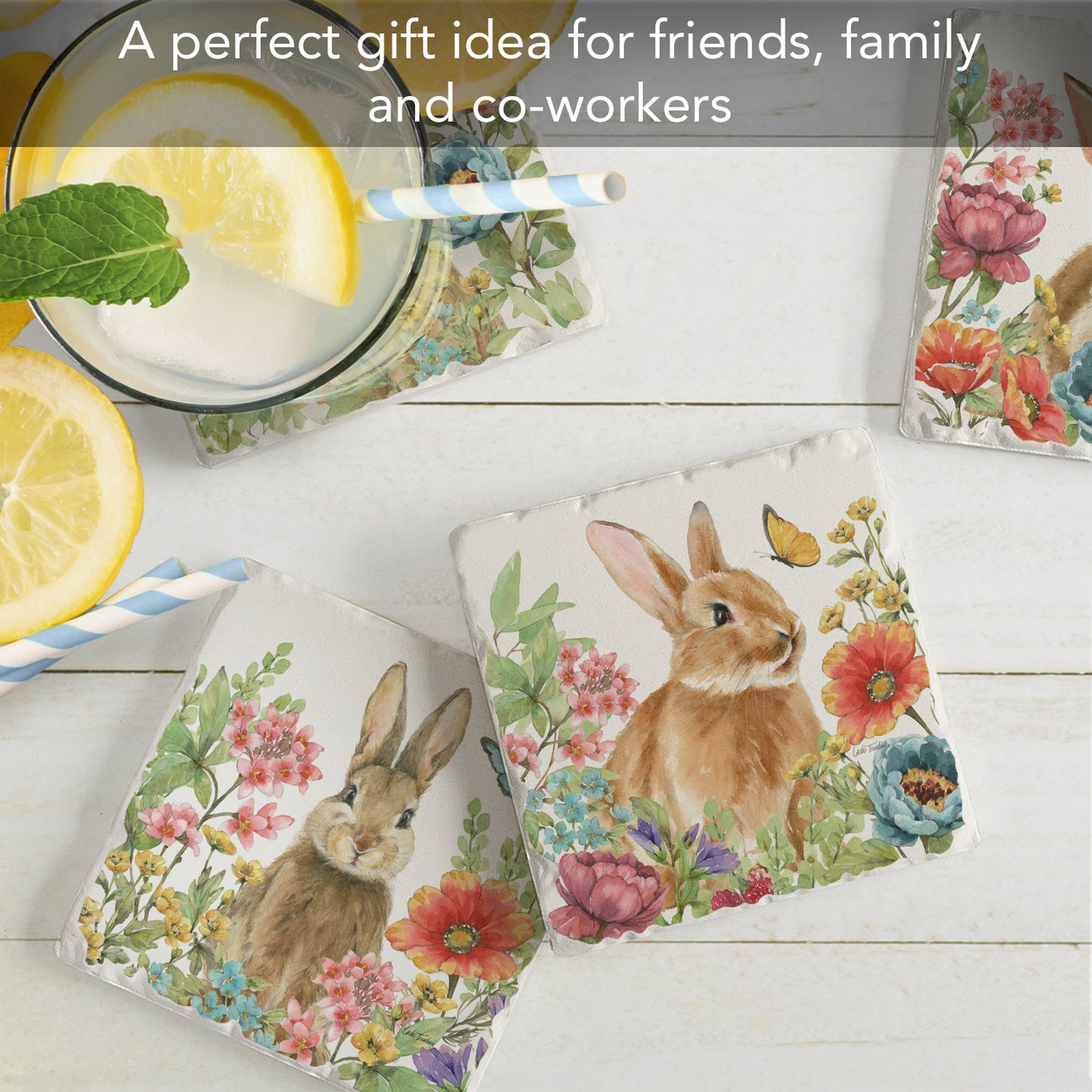 Thirstystone Garden Bunnies 4 Pack Assorted Tumbled Tile Stone Coasters 4" Square