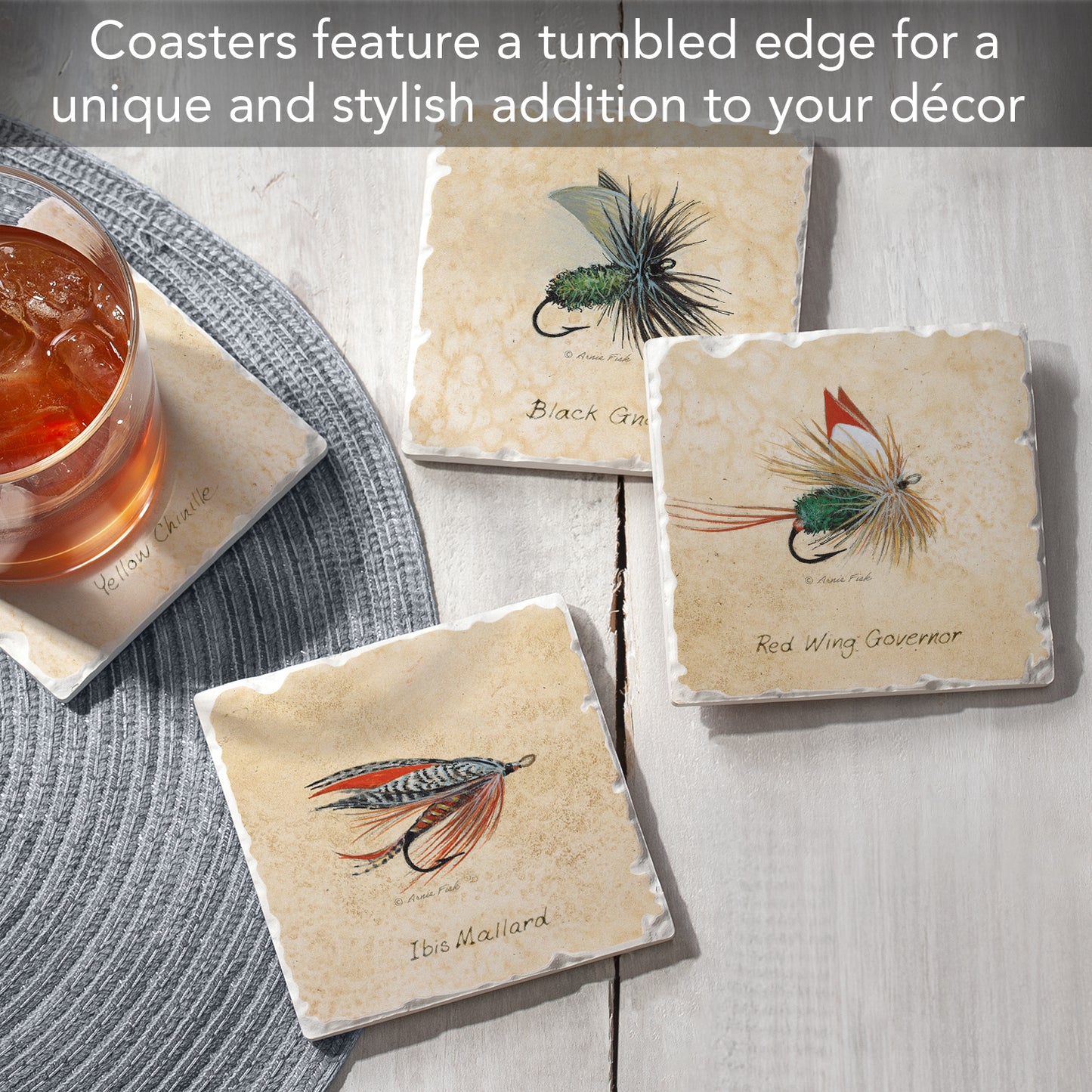 Thirstystone Fly Fishing Lures 4-Pack Assorted Tumbled Tile Stone Coasters 4" Square