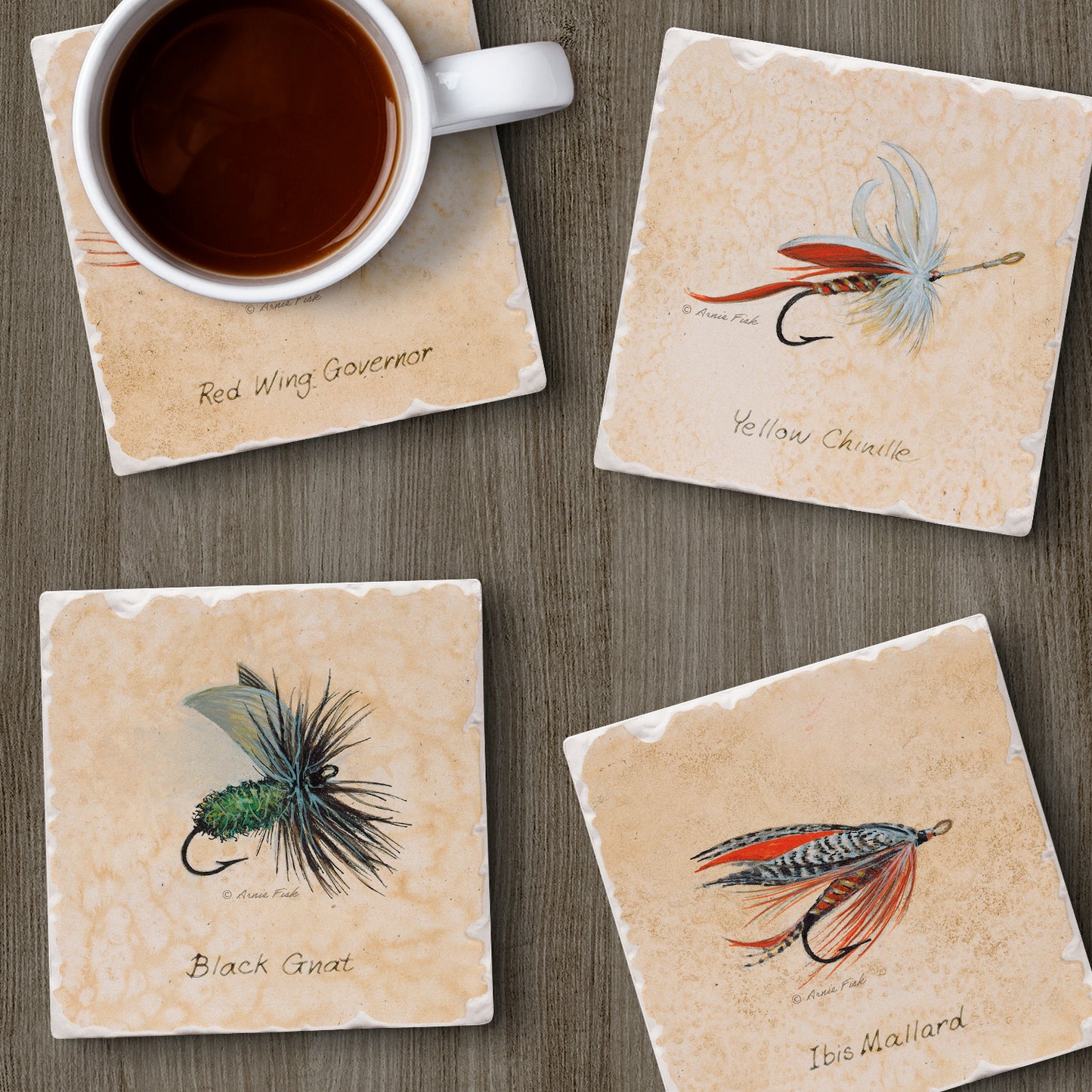 Thirstystone Fly Fishing Lures 4-Pack Assorted Tumbled Tile Stone Coasters 4" Square