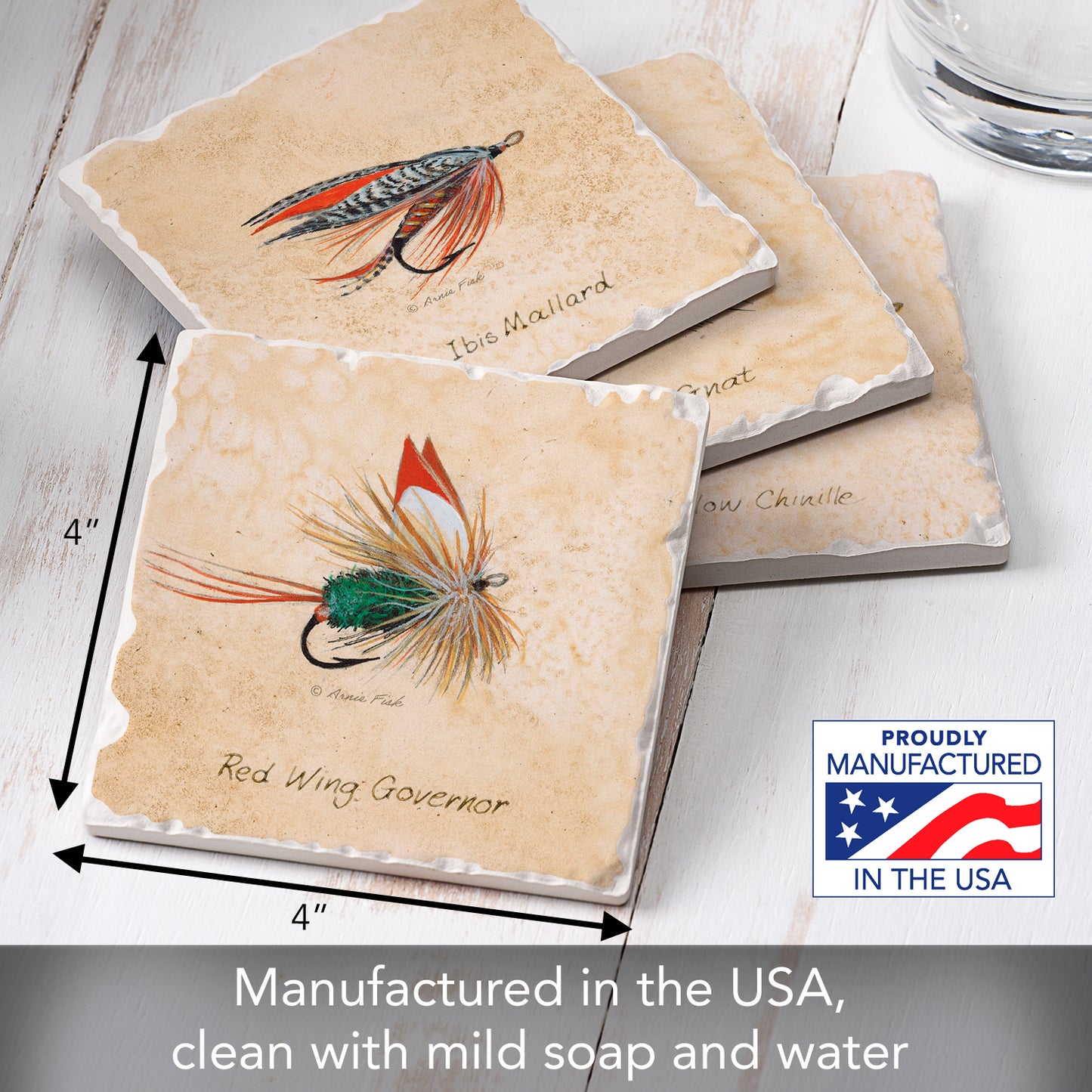 Thirstystone Fly Fishing Lures 4-Pack Assorted Tumbled Tile Stone Coasters 4" Square