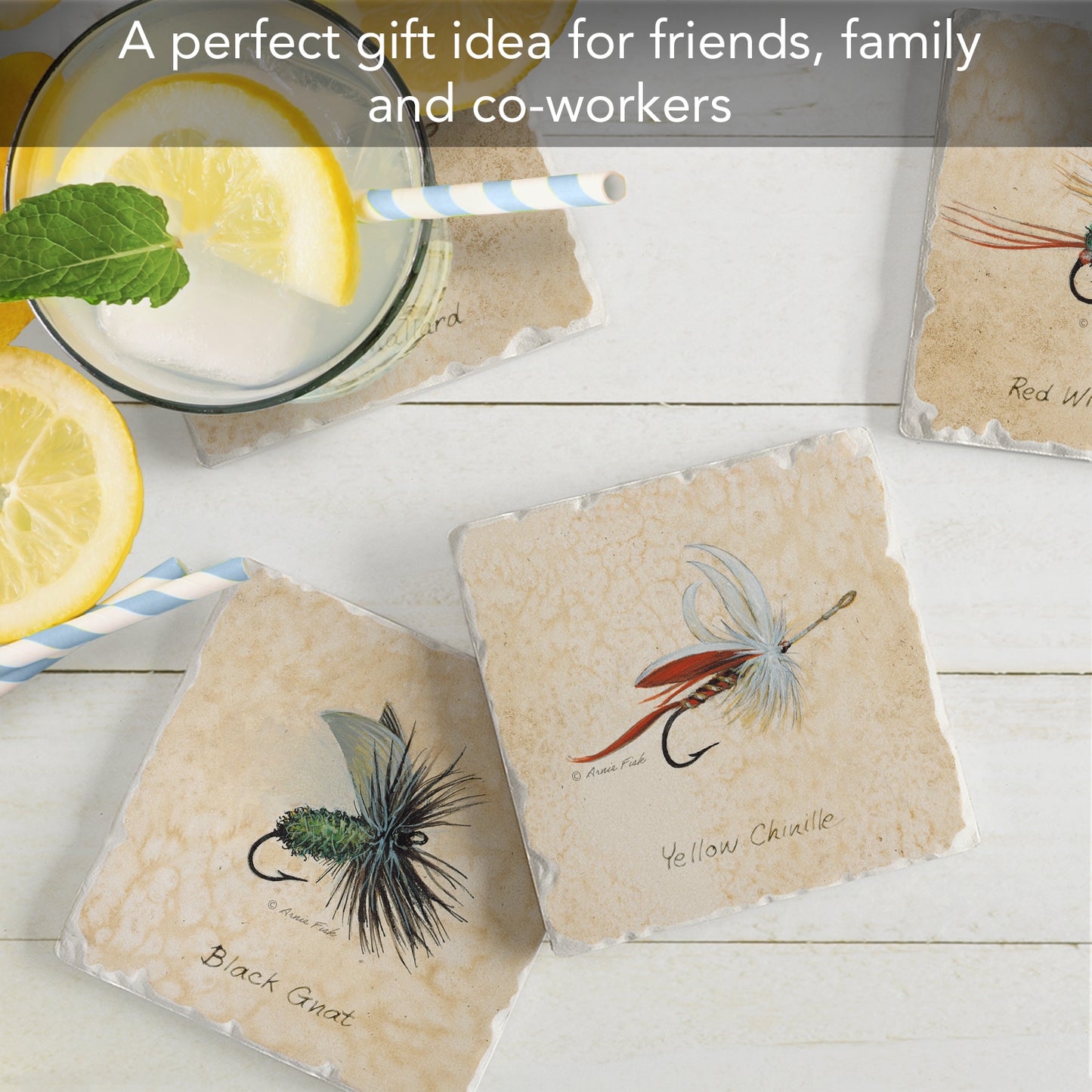Thirstystone Fly Fishing Lures 4-Pack Assorted Tumbled Tile Stone Coasters 4" Square
