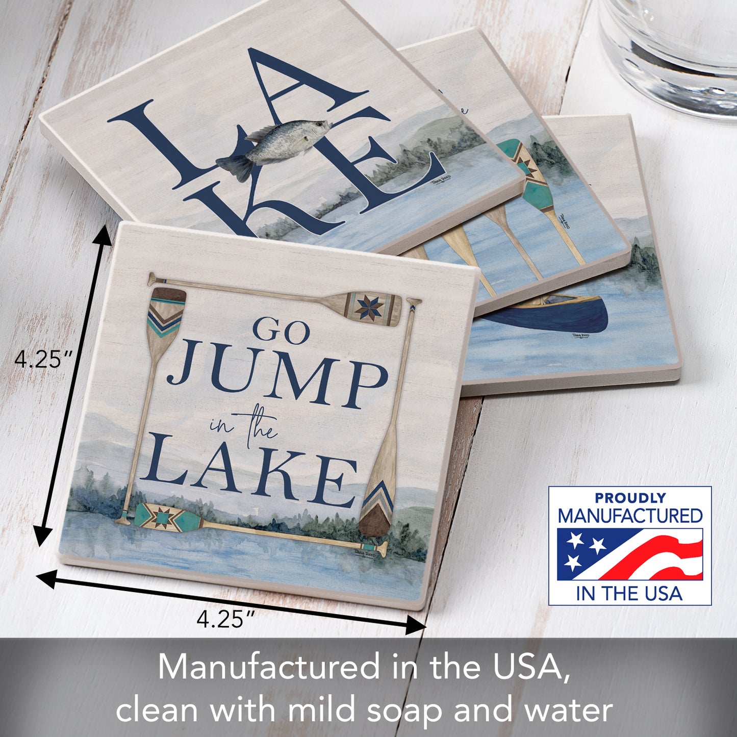 Thirstystone Wake at the Lake 4-Pack Assorted Tumbled Tile Stone Coasters 4" Square